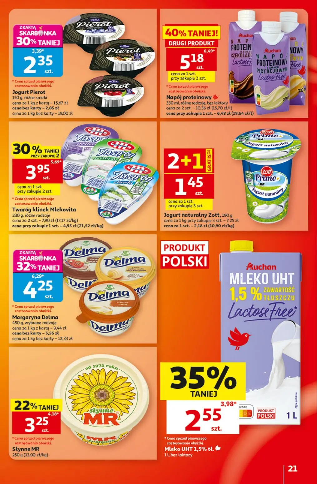 Auchan gazetka, strona 21 z 41 — Margaryna Delma, wybrane rodzaje, Twaróg klinek Mlekovita, różne rodzaje, Mleko UHT 1,5% tł.