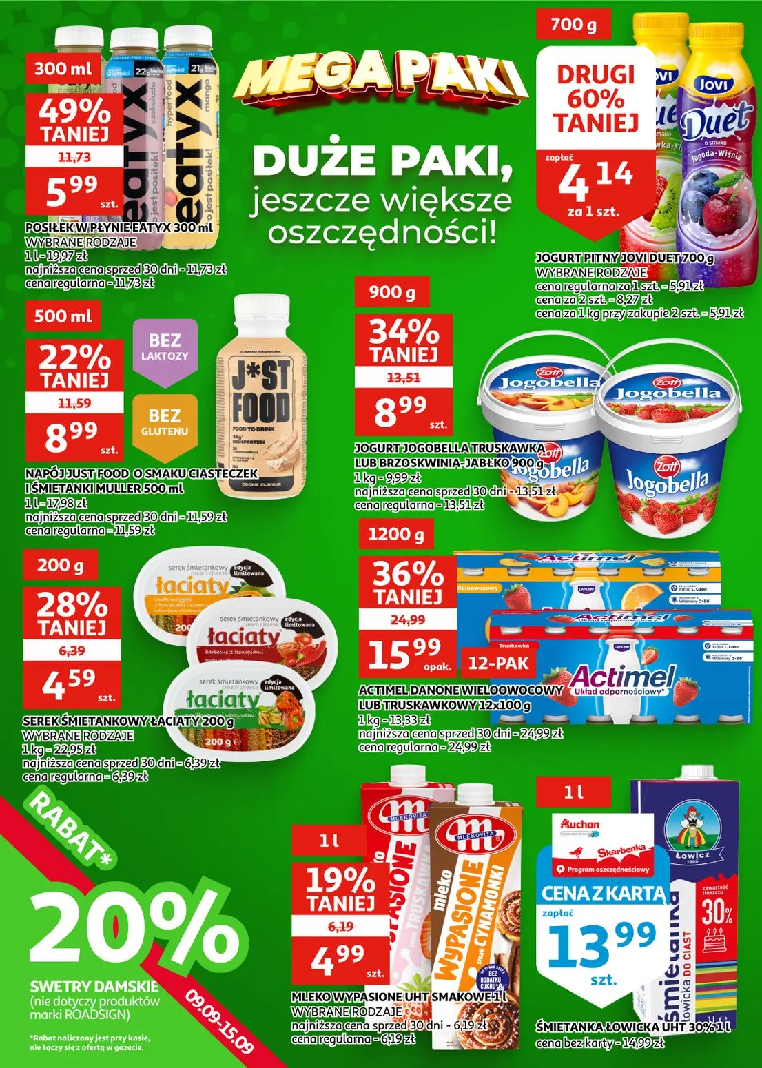 Auchan gazetka, strona 21 z 28 — ACTIMEL DANONE WIELOOWOCOWY LUB TRUSKAWKOWY, POSIŁEK W PŁYNIE EATYX, JOGURT JOGOBELLA TRUSK…