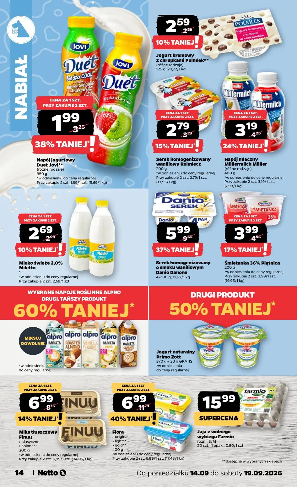 NETTO gazetka, strona 14 z 39 — Flora, Serek homogenizowany o smaku waniliowym Danio Danone, Napój jogurtowy Duet Jovi**