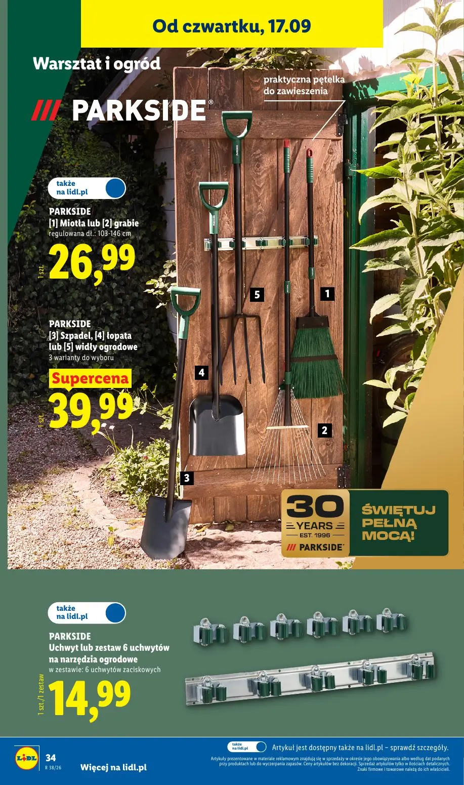 Lidl gazetka, strona 42 z 59 — [1] Miotła lub [2] grabie regulowana dl.: 103-146 cm, [3] Szpadel, [4] łopata lub [5] widły o…
