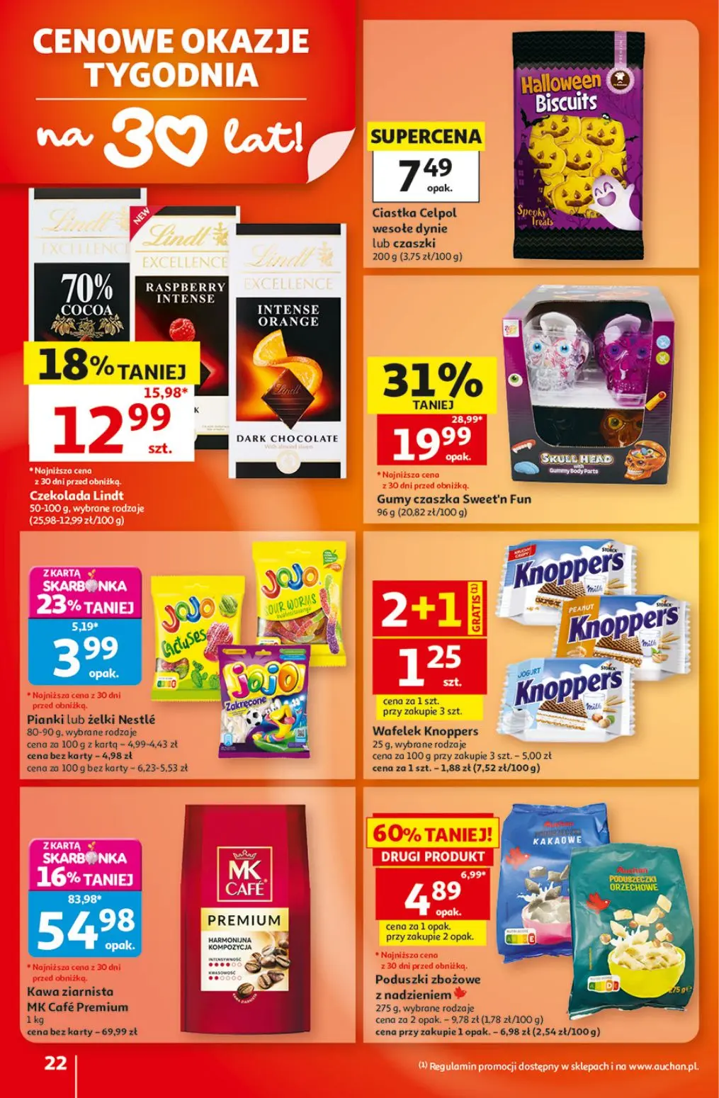 Auchan gazetka, strona 22 z 41 — Kawa ziarnista MK Café Premium, Gumy czaszka Sweet'n Fun, Czekolada Lindt