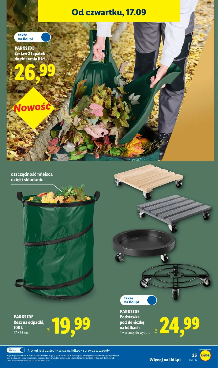 Lidl gazetka, strona 43 z 59 — Zestaw 2 łopatek do zbierania liści, Kosz na odpadki, 100 L, Podstawka pod doniczkę na kółkach
