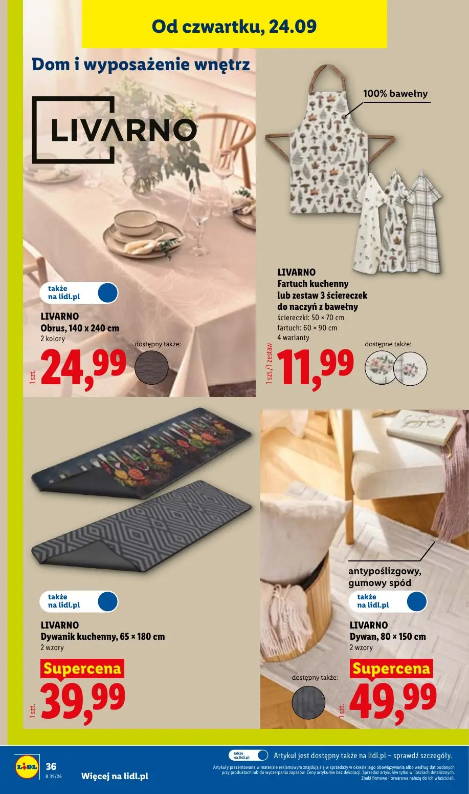 Lidl gazetka, strona 44 z 59 — LIVARNO Obrus, 140 x 240 cm, LIVARNO Fartuch kuchenny lub zestaw 3 ściereczek do naczyń z baw…