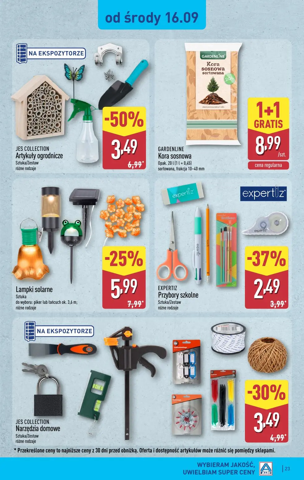 ALDI gazetka, strona 23 z 49 — JES COLLECTION Artykuły ogrodnicze, Lampki solarne, EXPERTIZ Przybory szkolne