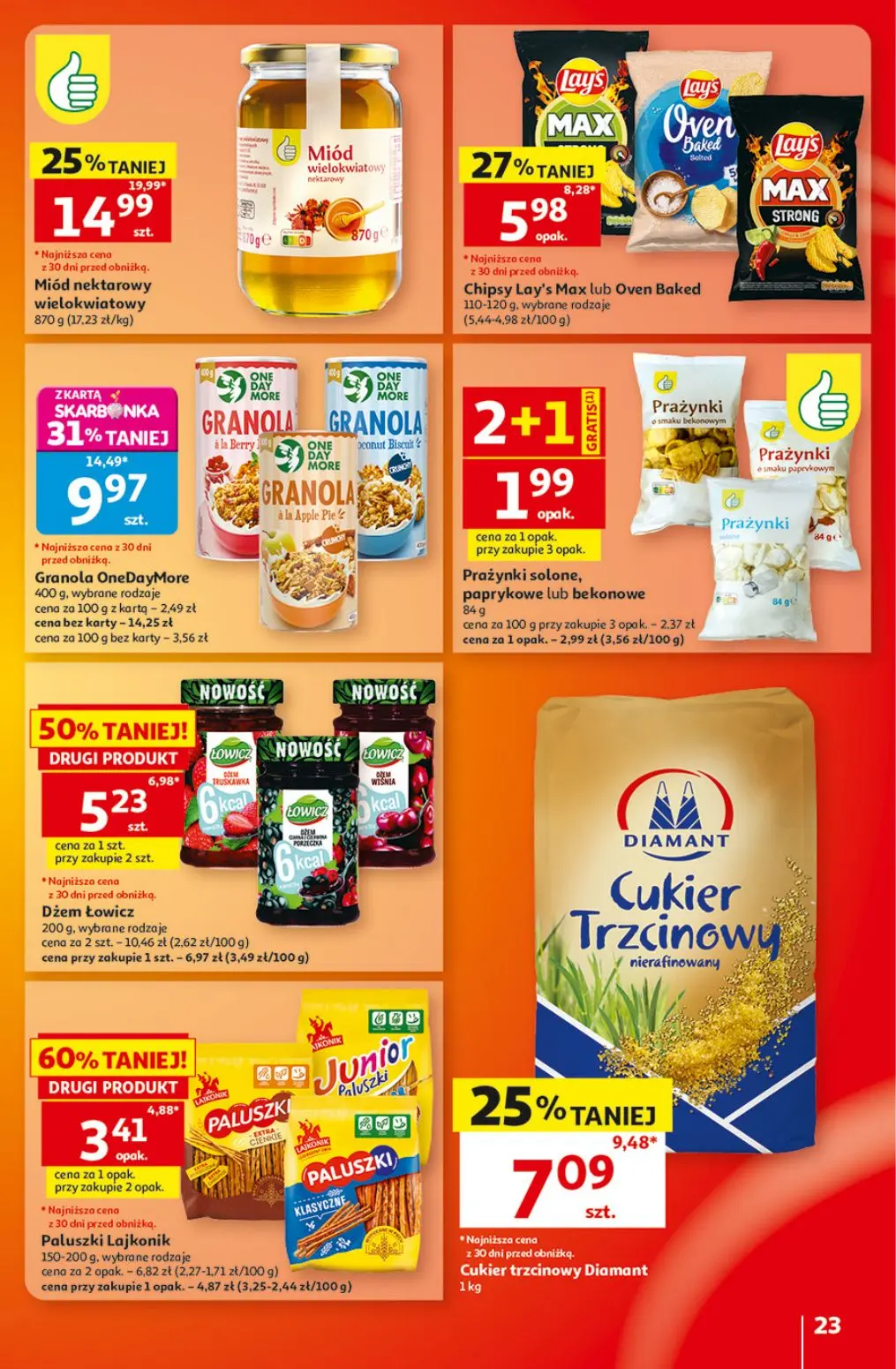 Auchan gazetka, strona 23 z 41 — Miód nektarowy wielokwiatowy, Granola OneDayMore, Cukier trzcinowy Diamant