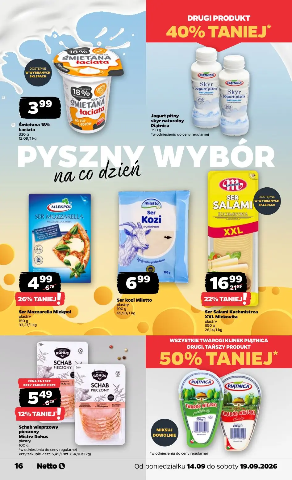 NETTO gazetka, strona 16 z 39 — Ser Salami Kuchmistrza XXL Mlekovita, Ser Mozzarella Mlekpol, Schab wieprzowy pieczony Mistr…