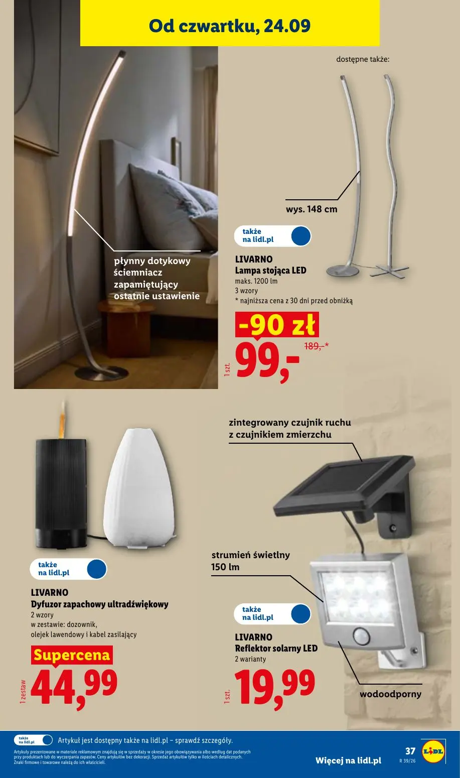 Lidl gazetka, strona 45 z 59 — Lampa stojąca LED, Dyfuzor zapachowy ultradźwiękowy, Reflektor solarny LED
