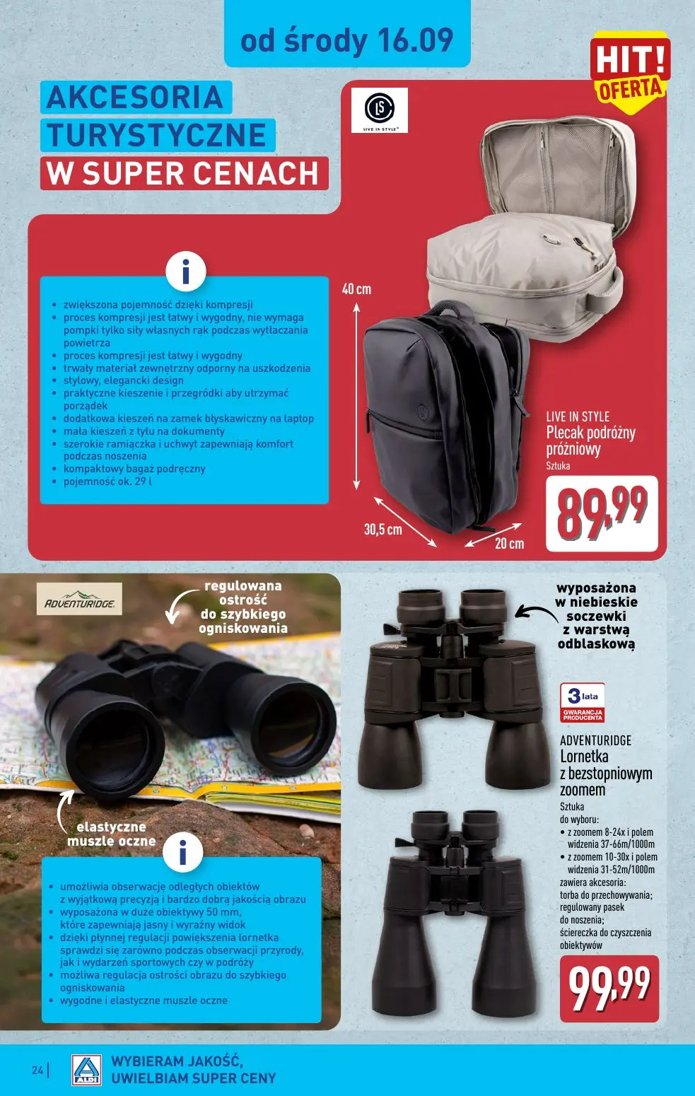 ALDI gazetka, strona 24 z 49 — LIVE IN STYLE Plecak podróżny próżniowy, ADVENTURIDGE Lornetka z bezstopniowym zoomem