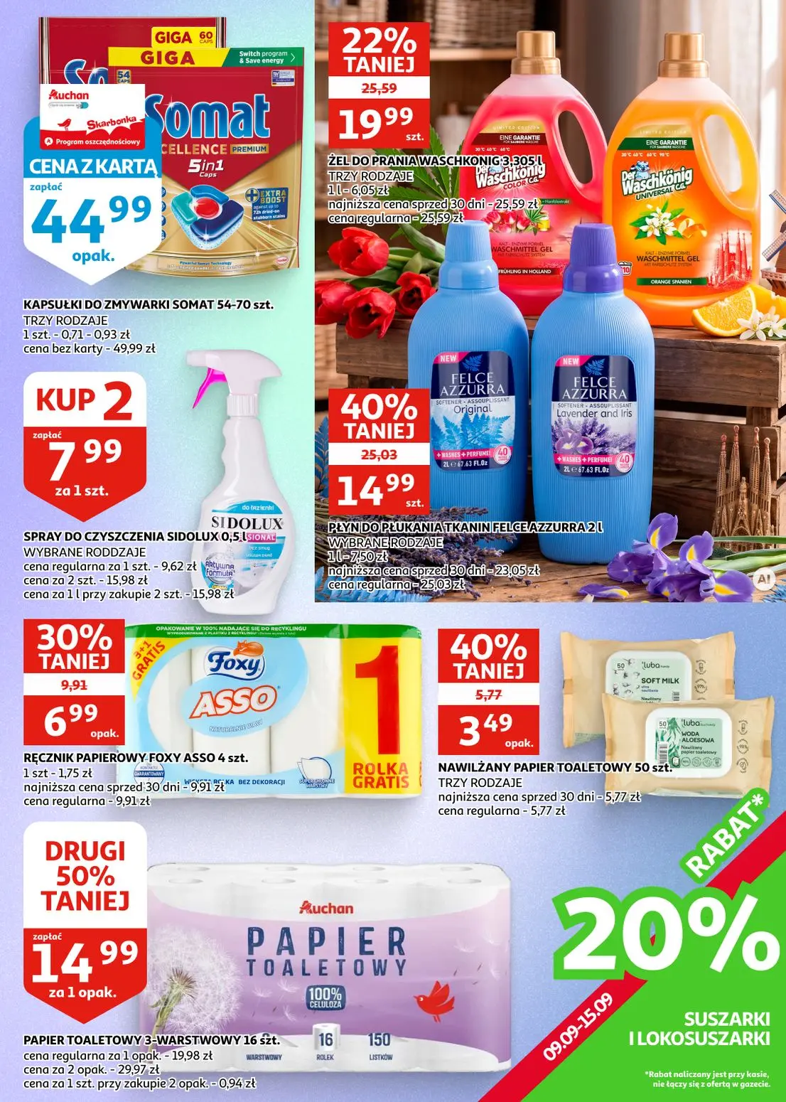 Auchan gazetka, strona 24 z 28 — PŁYN DO PŁUKANIA TKANIN FELCE AZZURRA, ŻEL DO PRANIA WASCHKÖNIG, PAPIER TOALETOWY 3-WARSTWO…