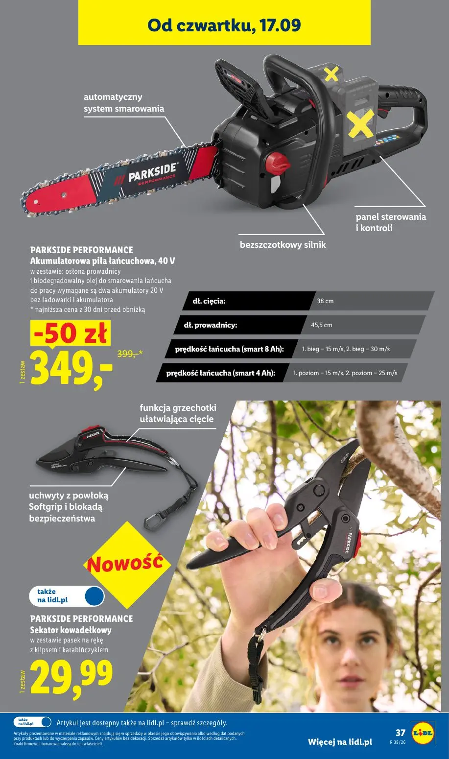 Lidl gazetka, strona 45 z 59 — PARKSIDE PERFORMANCE Akumulatorowa piła łańcuchowa, 40 V, PARKSIDE PERFORMANCE Sekator kowade…