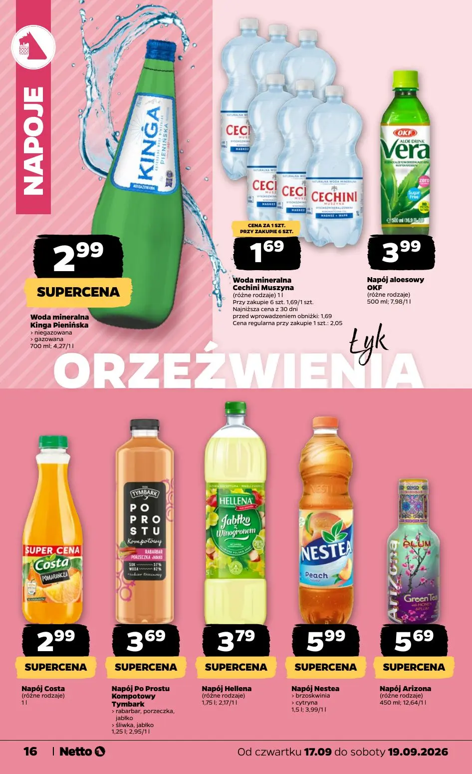 NETTO gazetka, strona 16 z 23 — Woda mineralna Cechini Muszyna, Woda mineralna Kinga Pienińska, Napój aloesowy OKF