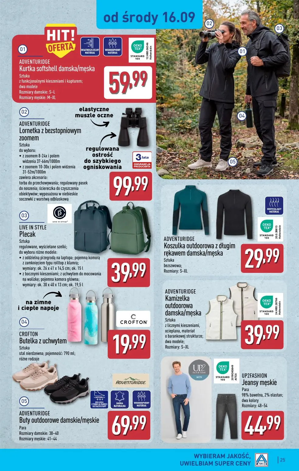 ALDI gazetka, strona 25 z 49 — Kurtka softshell damska/męska, Lornetka z bezstopniowym zoomem, Plecak