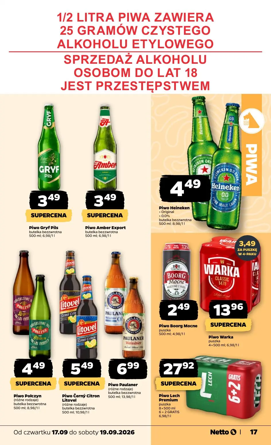 NETTO gazetka, strona 17 z 23 — Piwo Gryf Pils, Piwo Amber Export, Piwo Heineken