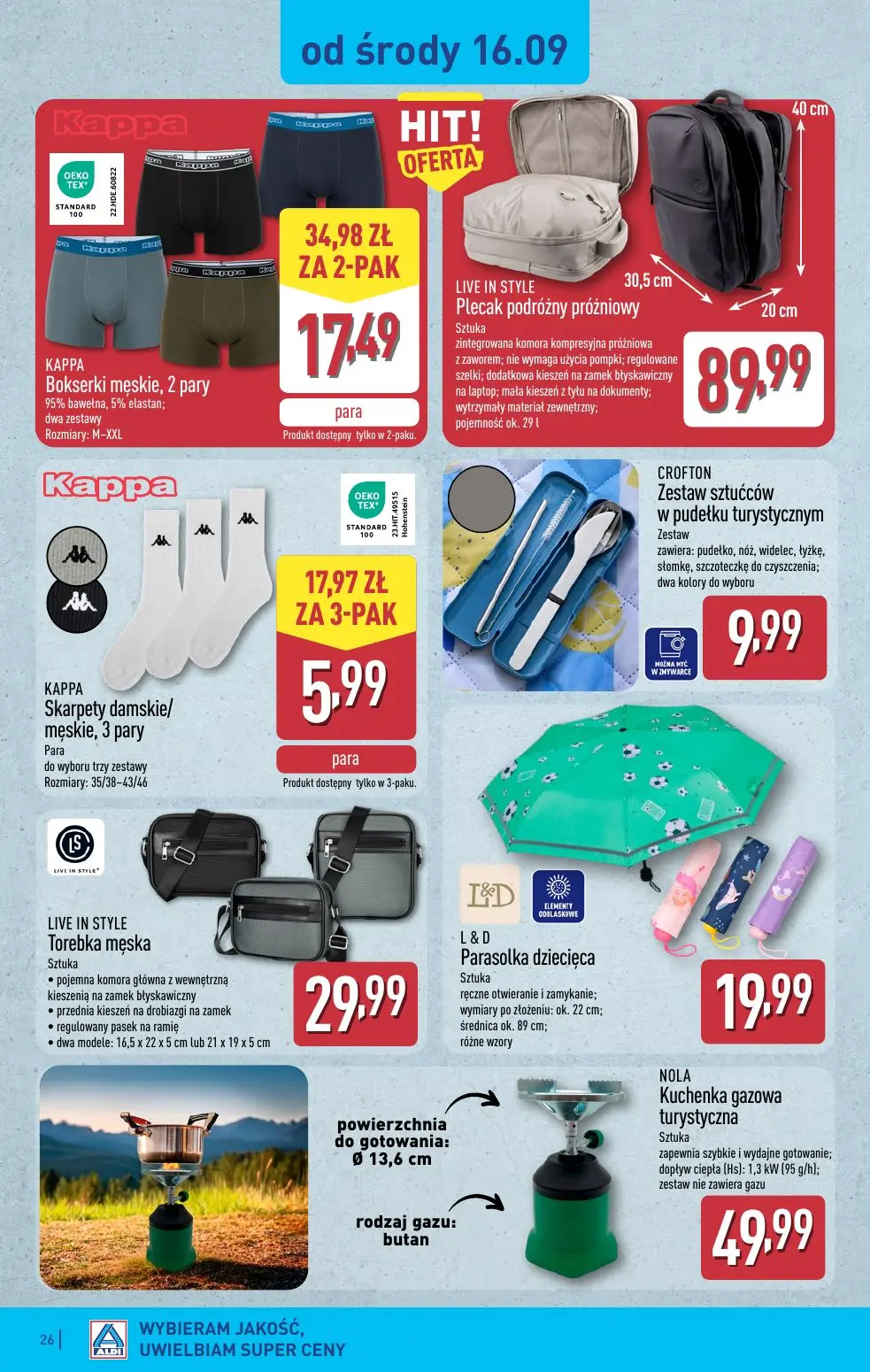 ALDI gazetka, strona 26 z 49 — KAPPA Bokserki męskie, 2 pary, KAPPA Skarpety damskie/ męskie, 3 pary, LIVE IN STYLE Plecak p…