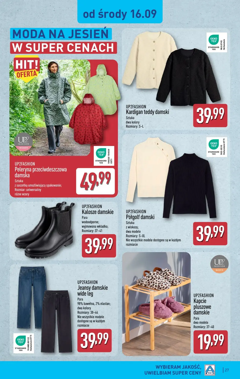 ALDI gazetka, strona 27 z 49 — Peleryna przeciwdeszczowa damska, Kardigan teddy damski, Kalosze damskie