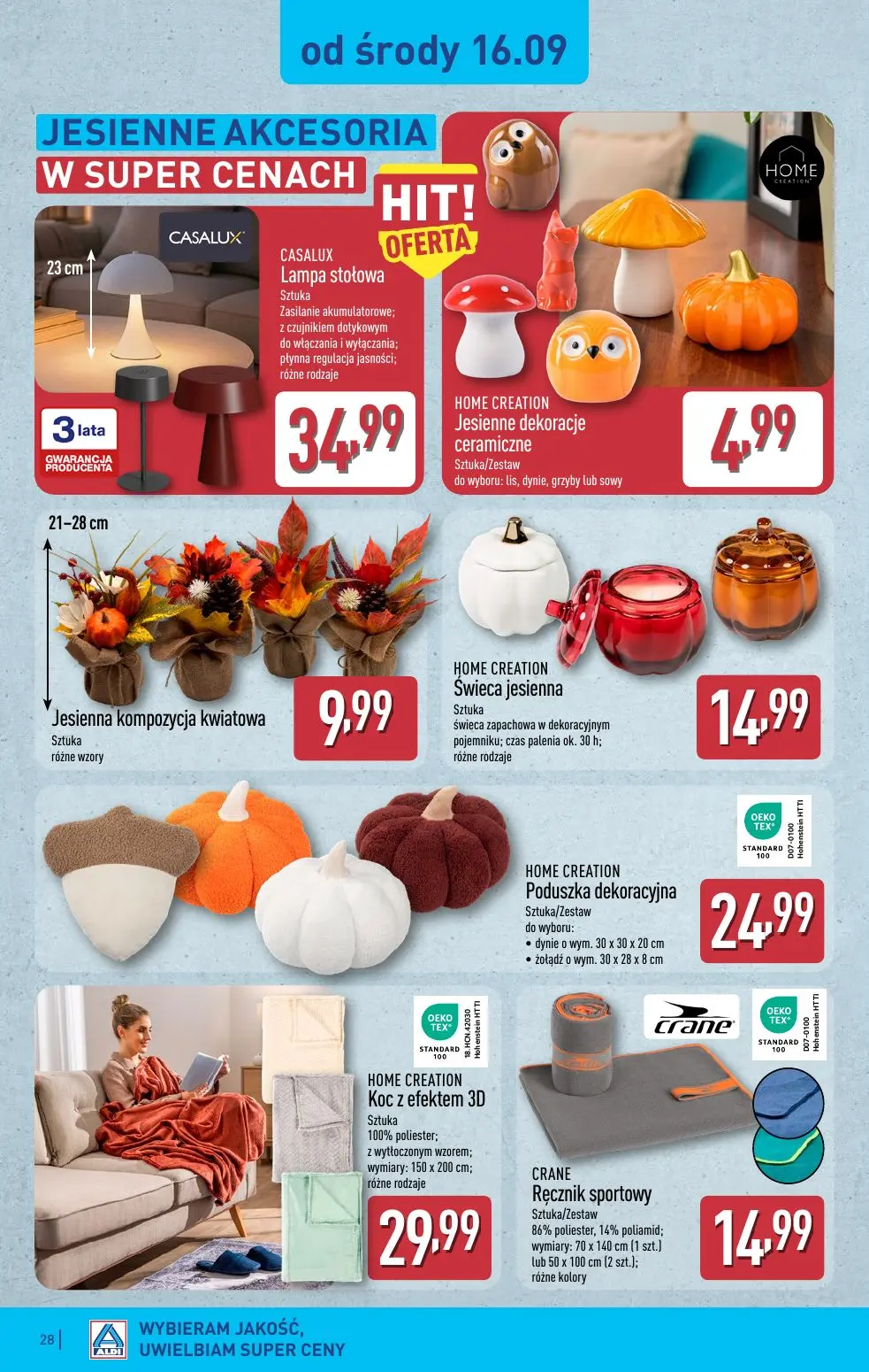 ALDI gazetka, strona 28 z 49 — CASALUX Lampa stołowa, HOME CREATION Jesienne dekoracje ceramiczne, Jesienna kompozycja kwiat…