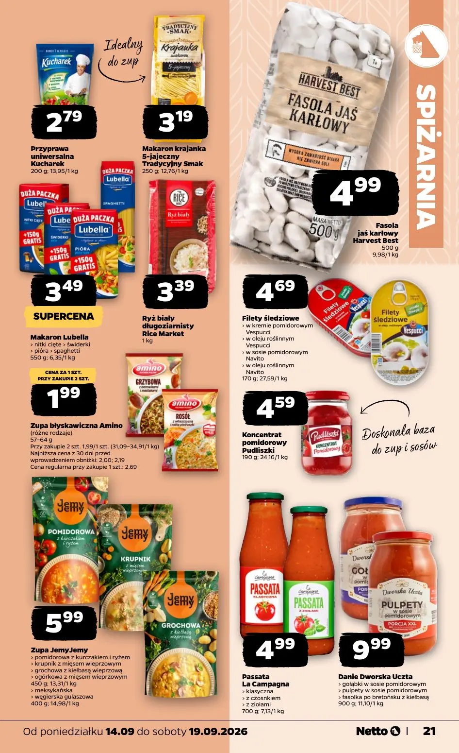 NETTO gazetka, strona 21 z 39 — Zupa błyskawiczna Amino, Przyprawa uniwersalna Kucharek, Makaron krajanka 5-jajeczny Tradycy…