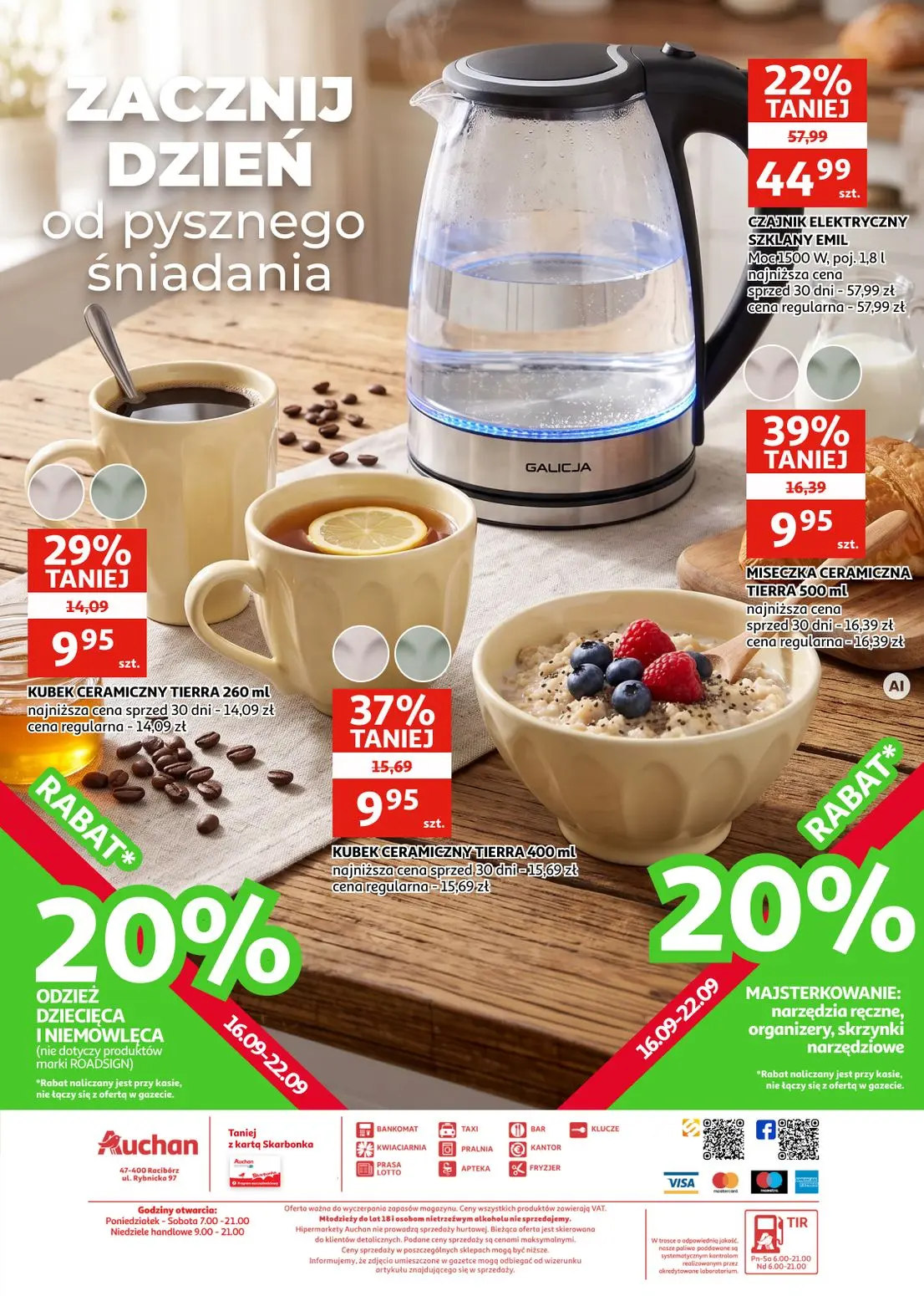 Auchan gazetka, strona 28 z 28 — CZAJNIK ELEKTRYCZNY SZKLANY EMIL, MISECZKA CERAMICZNA TIERRA 500 ml, KUBEK CERAMICZNY TIERR…