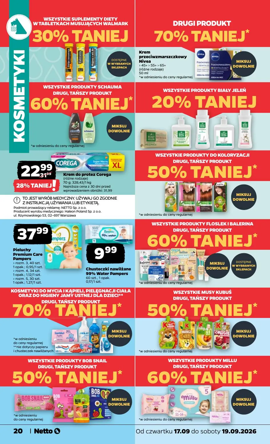 NETTO gazetka, strona 20 z 23 — Krem do protez Corega, Pieluchy Premium Care Pampers, Chusteczki nawilżane 99% Water Pampers