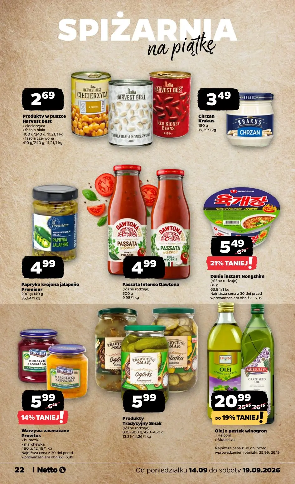 NETTO gazetka, strona 22 z 39 — Olej z pestek winogron, Danie instant Nongshim, Warzywa zasmażane Provitus
