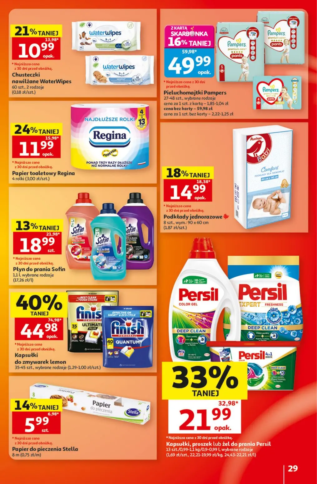 Auchan gazetka, strona 29 z 41 — Kapsułki do zmywarek lemon, Kapsułki, proszek lub żel do prania Persil, Pieluchomajtki Pamp…