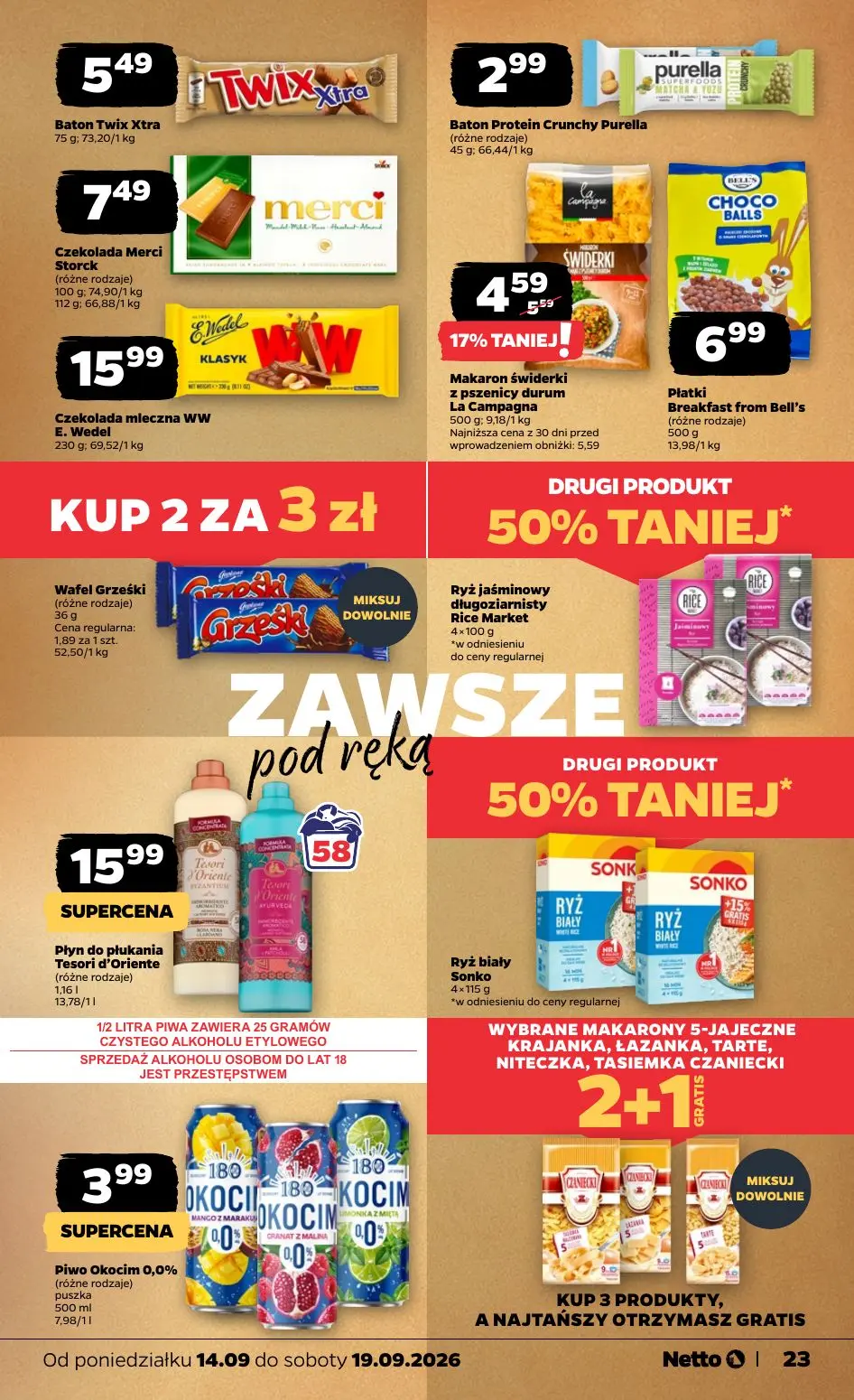 NETTO gazetka, strona 23 z 39 — Makaron świderki z pszenicy durum La Campagna, Baton Twix Xtra, Baton Protein Crunchy Purella