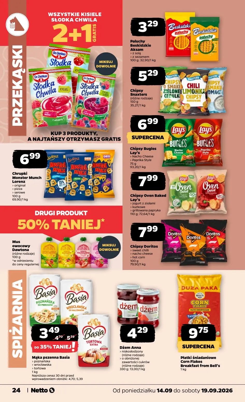 NETTO gazetka, strona 24 z 39 — Mąka pszenna Basia, Paluchy Beskidzkie Aksam, Chipsy Snaxters