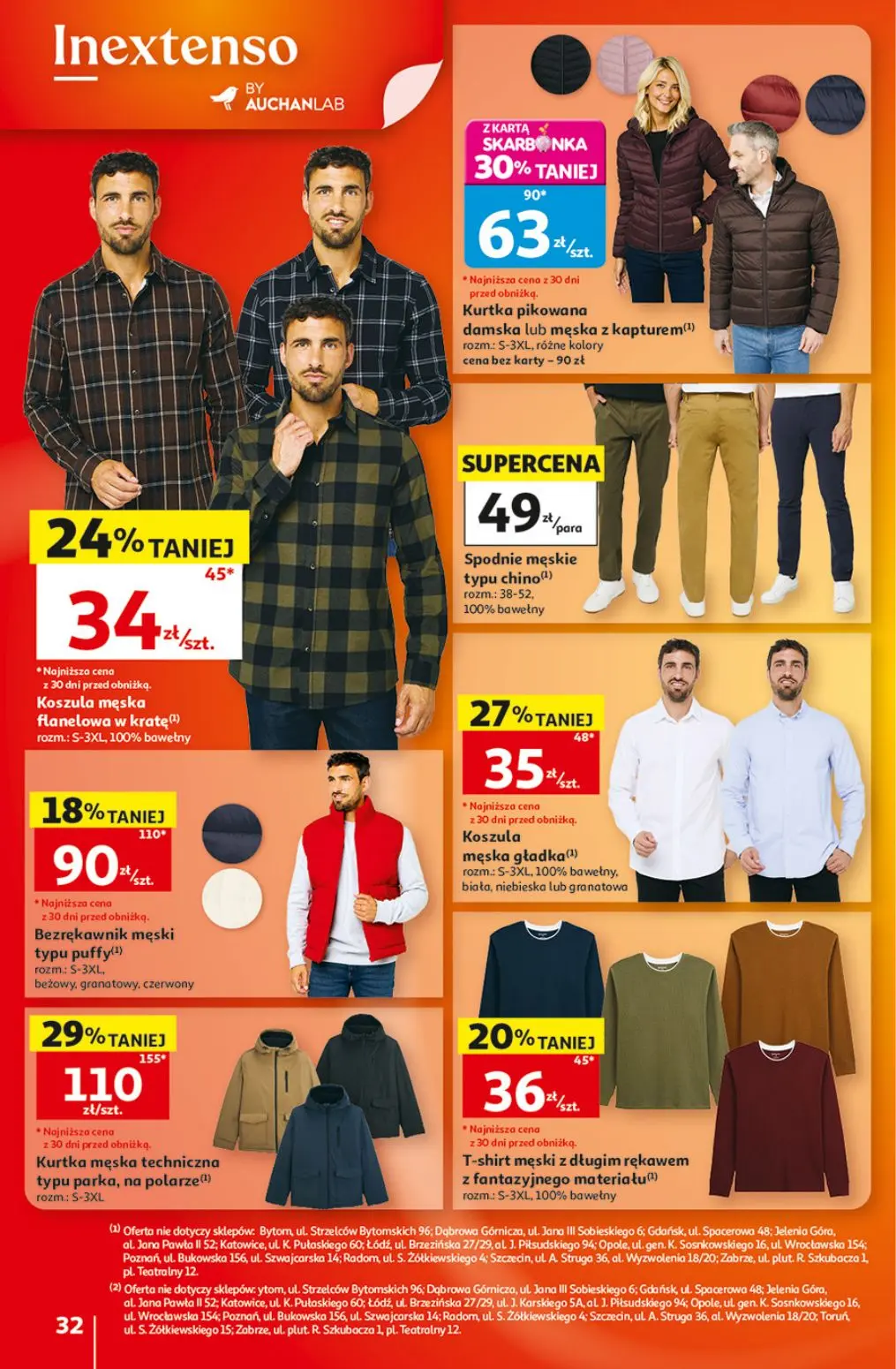 Auchan gazetka, strona 32 z 41 — Kurtka męska techniczna typu parka, na polarze, Kurtka pikowana damska lub męska z kapturem…