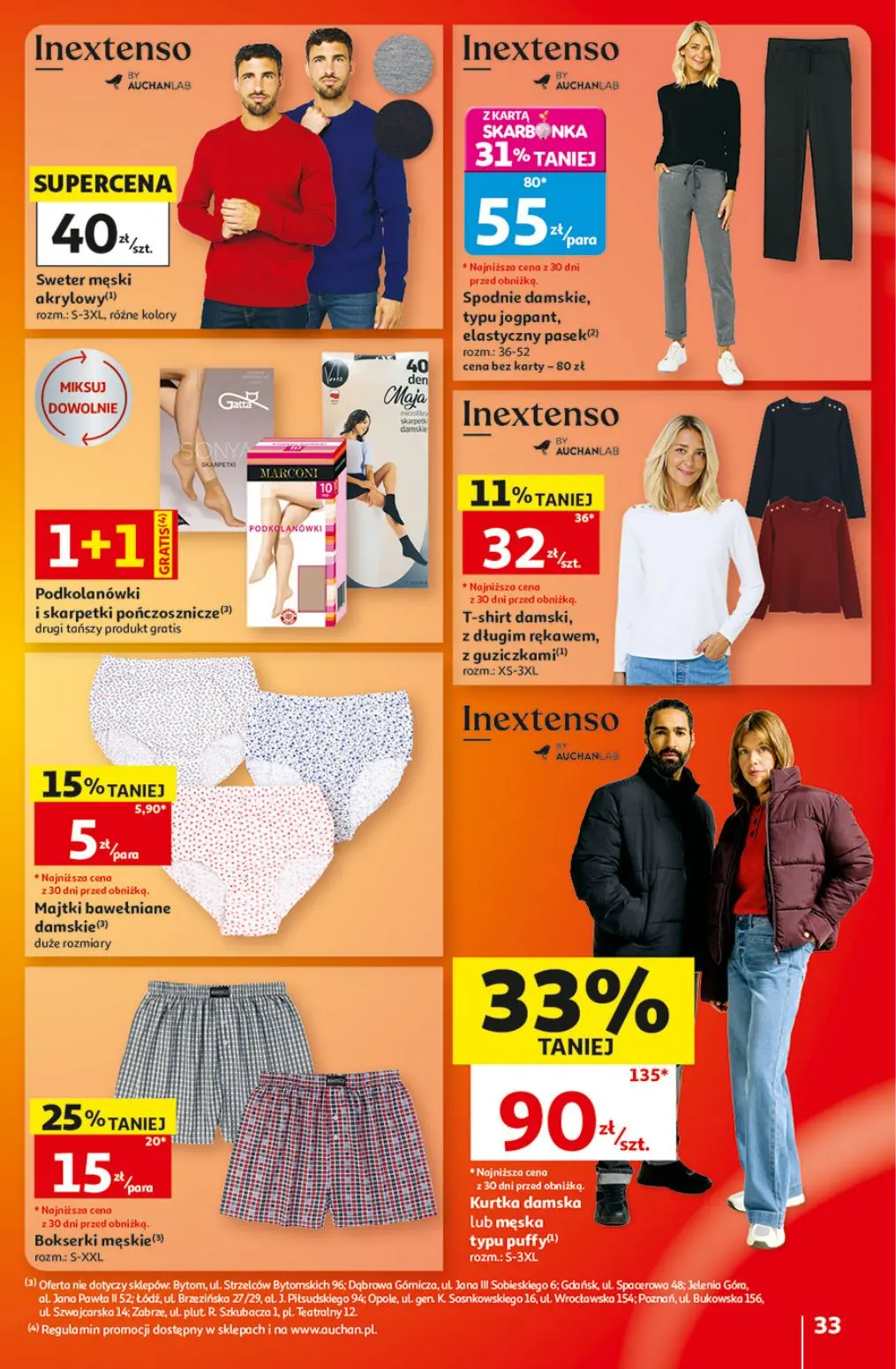 Auchan gazetka, strona 33 z 41 — Kurtka damska lub męska typu puffy, Spodnie damskie, typu jogpant, elastyczny pasek, Bokser…
