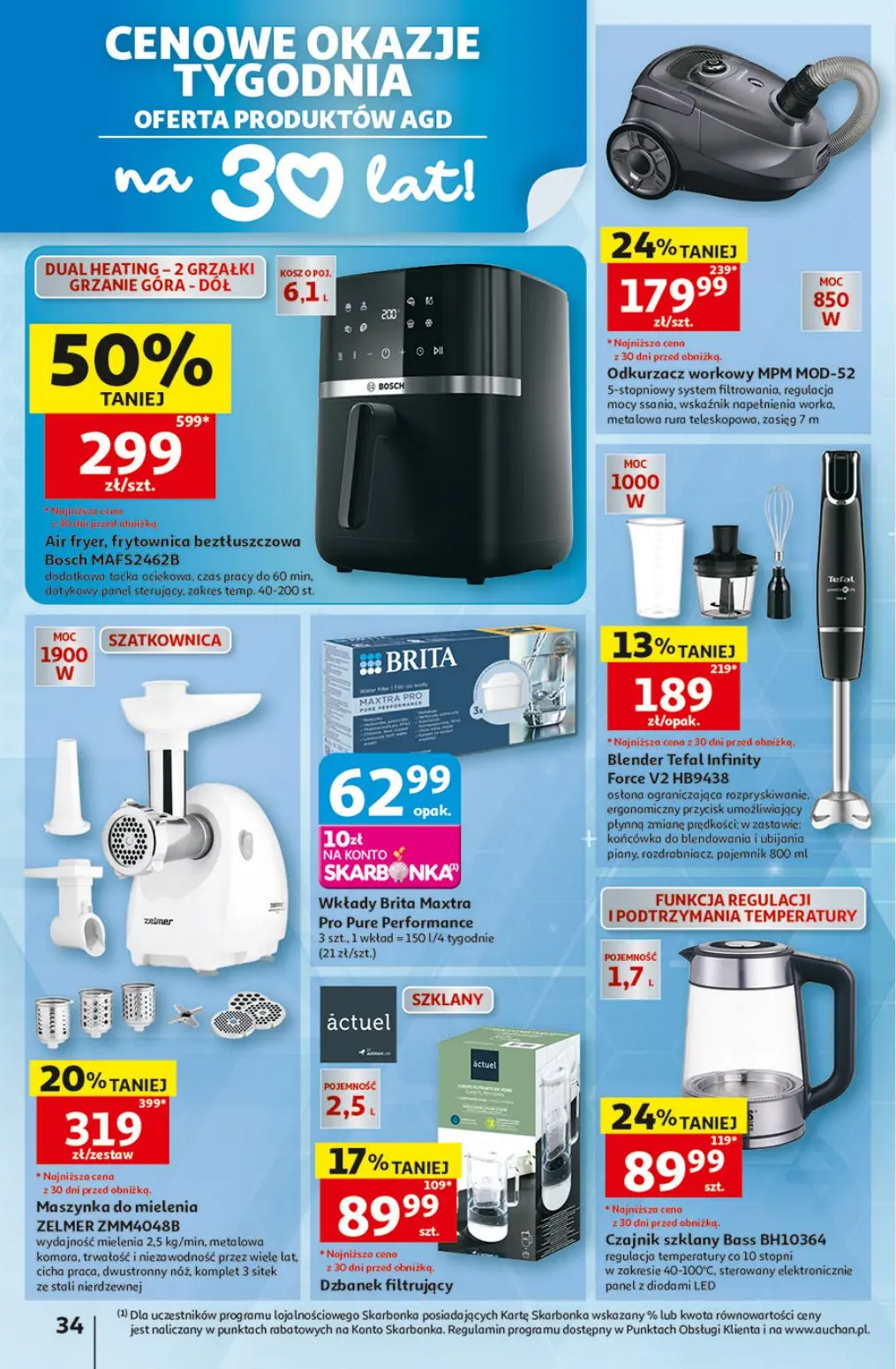 Auchan gazetka, strona 34 z 41 — Air fryer, frytownica beztłuszczowa Bosch MAFS2462B, Maszynka do mielenia ZELMER ZMM4048B, …