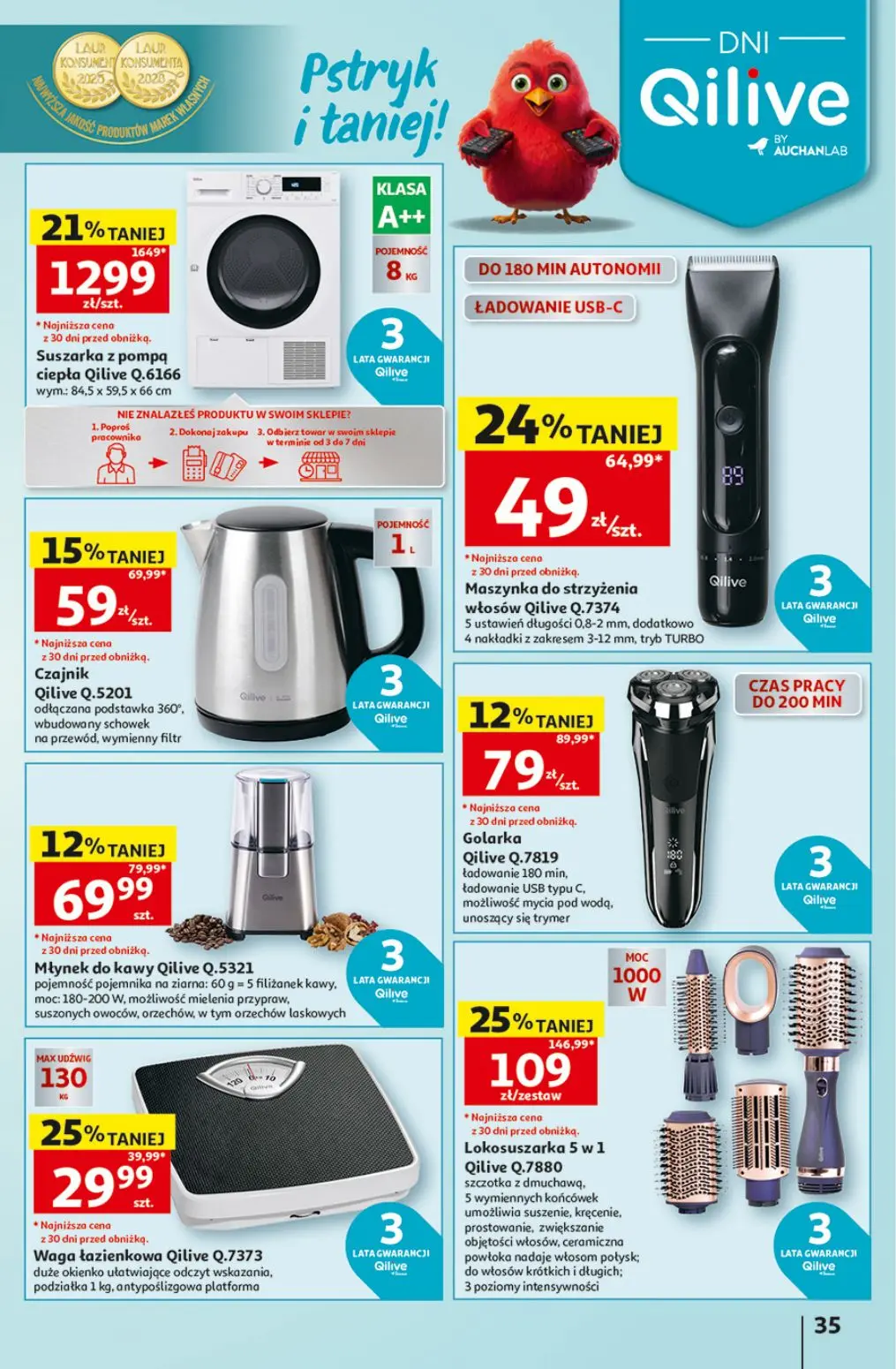 Auchan gazetka, strona 35 z 41 — Suszarka z pompą ciepła Qilive Q.6166, Lokosuszarka 5 w 1 Qilive Q.7880, Maszynka do strzyż…