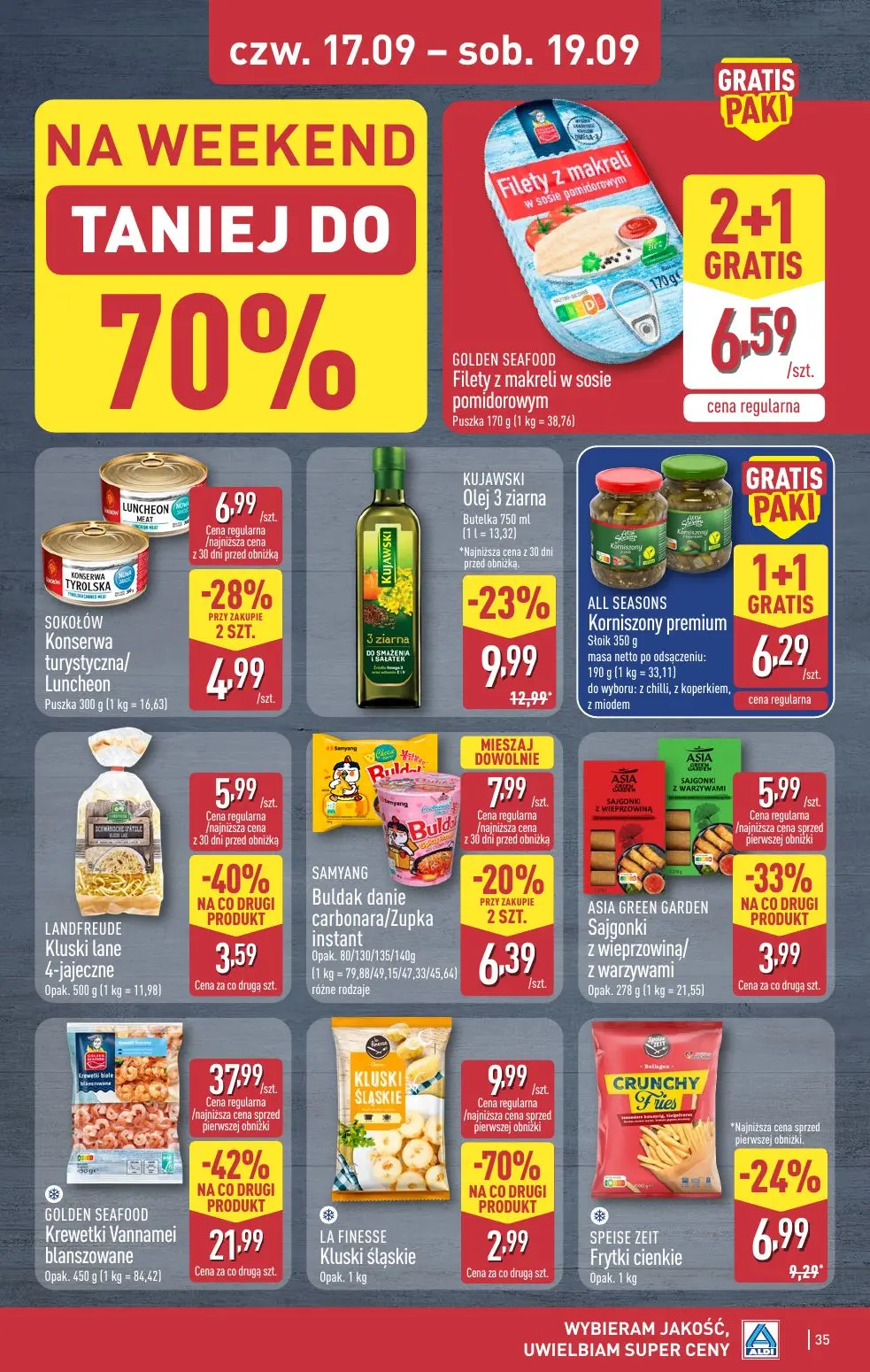 ALDI gazetka, strona 35 z 49 — GOLDEN SEAFOOD Krewetki Vannamei blanszowane, LA FINESSE Kluski śląskie, KUJAWSKI Olej 3 ziar…