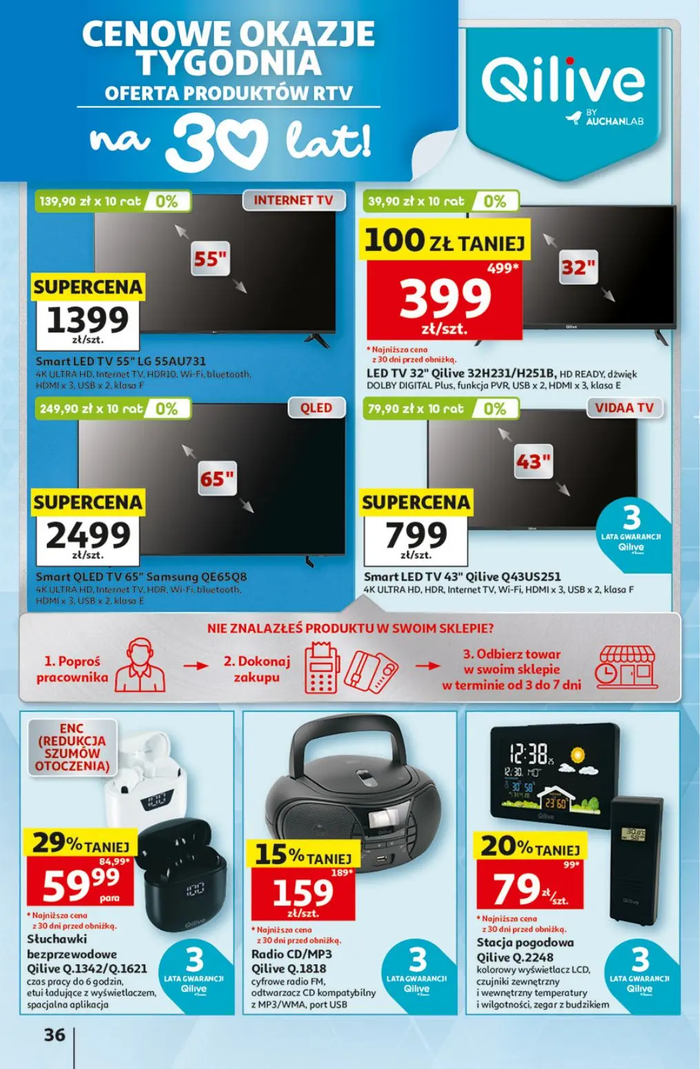 Auchan gazetka, strona 36 z 41 — LED TV 32" Qilive 32H231/H251B, Radio CD/MP3 Qilive Q.1818, Słuchawki bezprzewodowe Qilive …