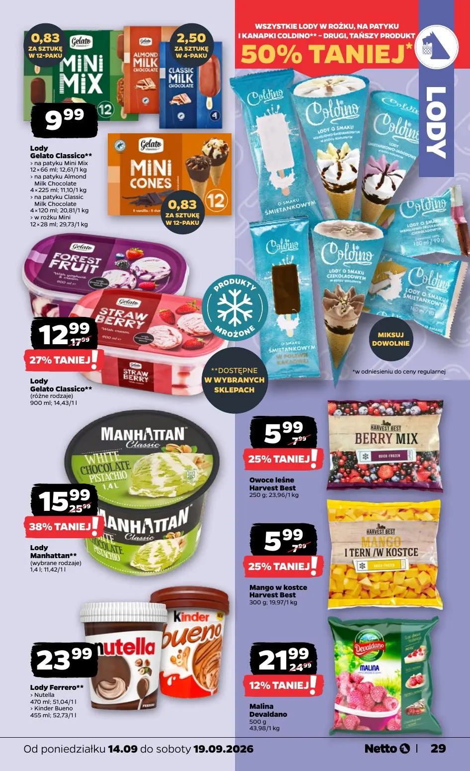 NETTO gazetka, strona 29 z 39 — Lody Manhattan** (wybrane rodzaje), Lody Gelato Classico** (różne rodzaje), Malina Devaldano
