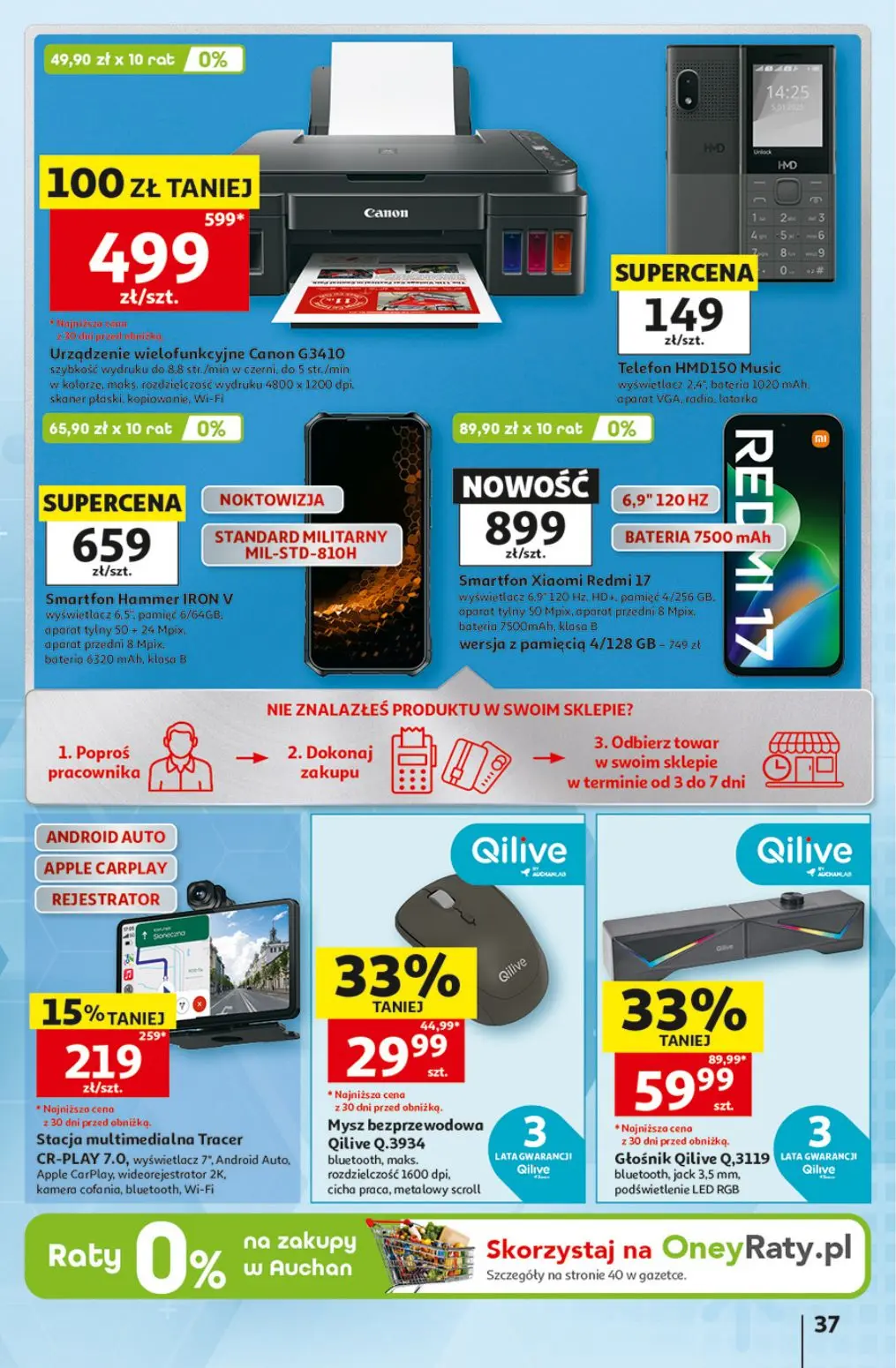 Auchan gazetka, strona 37 z 41 — Urządzenie wielofunkcyjne Canon G3410, Stacja multimedialna Tracer CR-PLAY 7.0, Głośnik Qil…