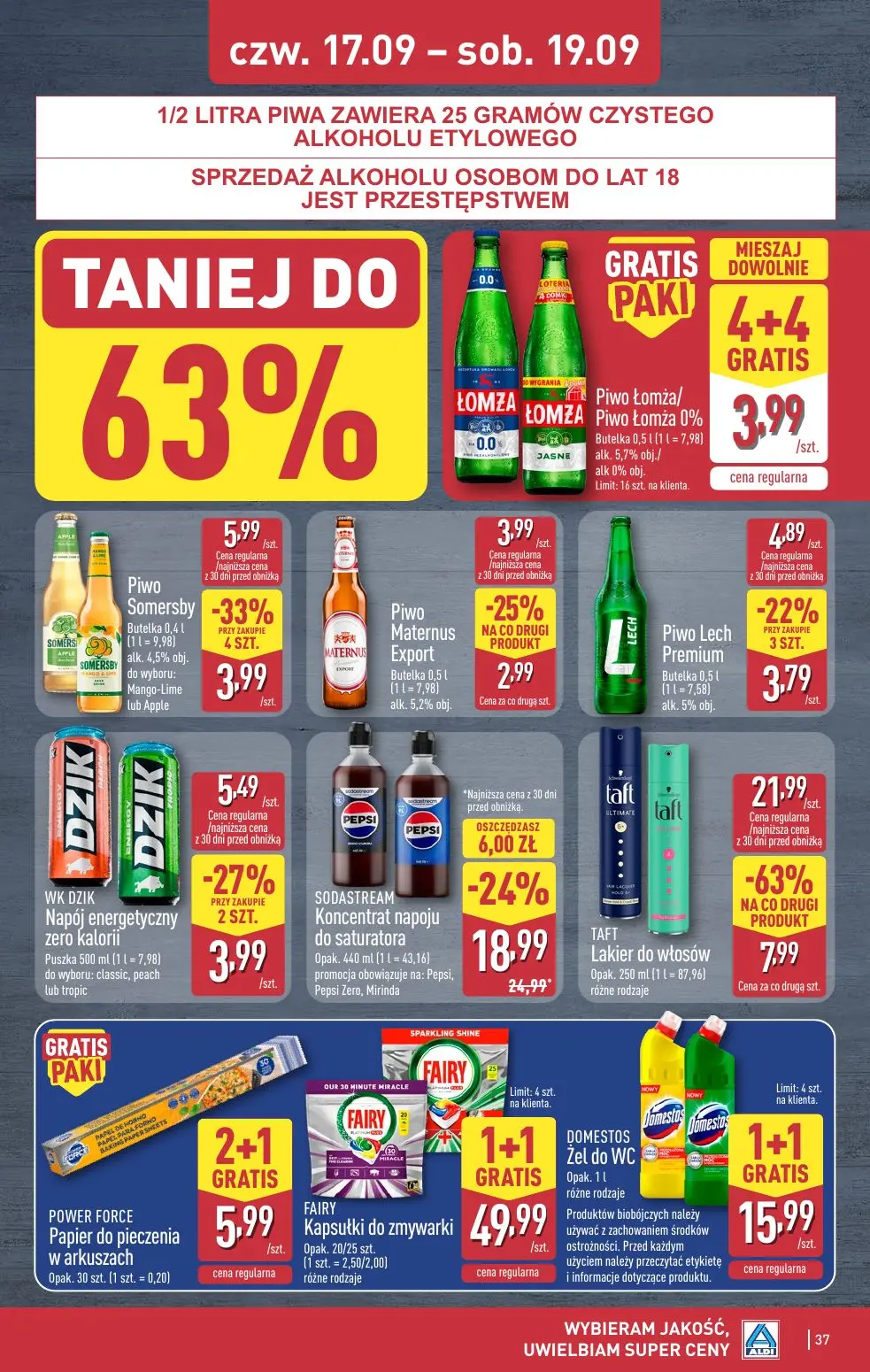 ALDI gazetka, strona 37 z 49 — TAFT Lakier do włosów, SODASTREAM Koncentrat napoju do saturatora, Piwo Somersby