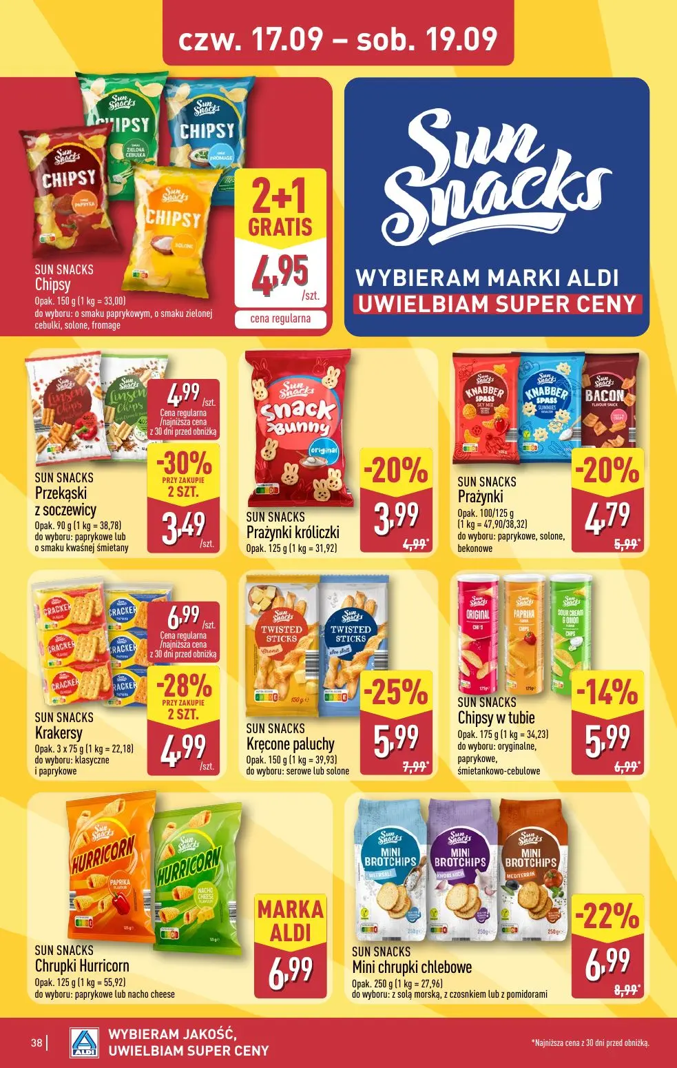ALDI gazetka, strona 38 z 49 — SUN SNACKS Krakersy, SUN SNACKS Kręcone paluchy, SUN SNACKS Mini chrupki chlebowe