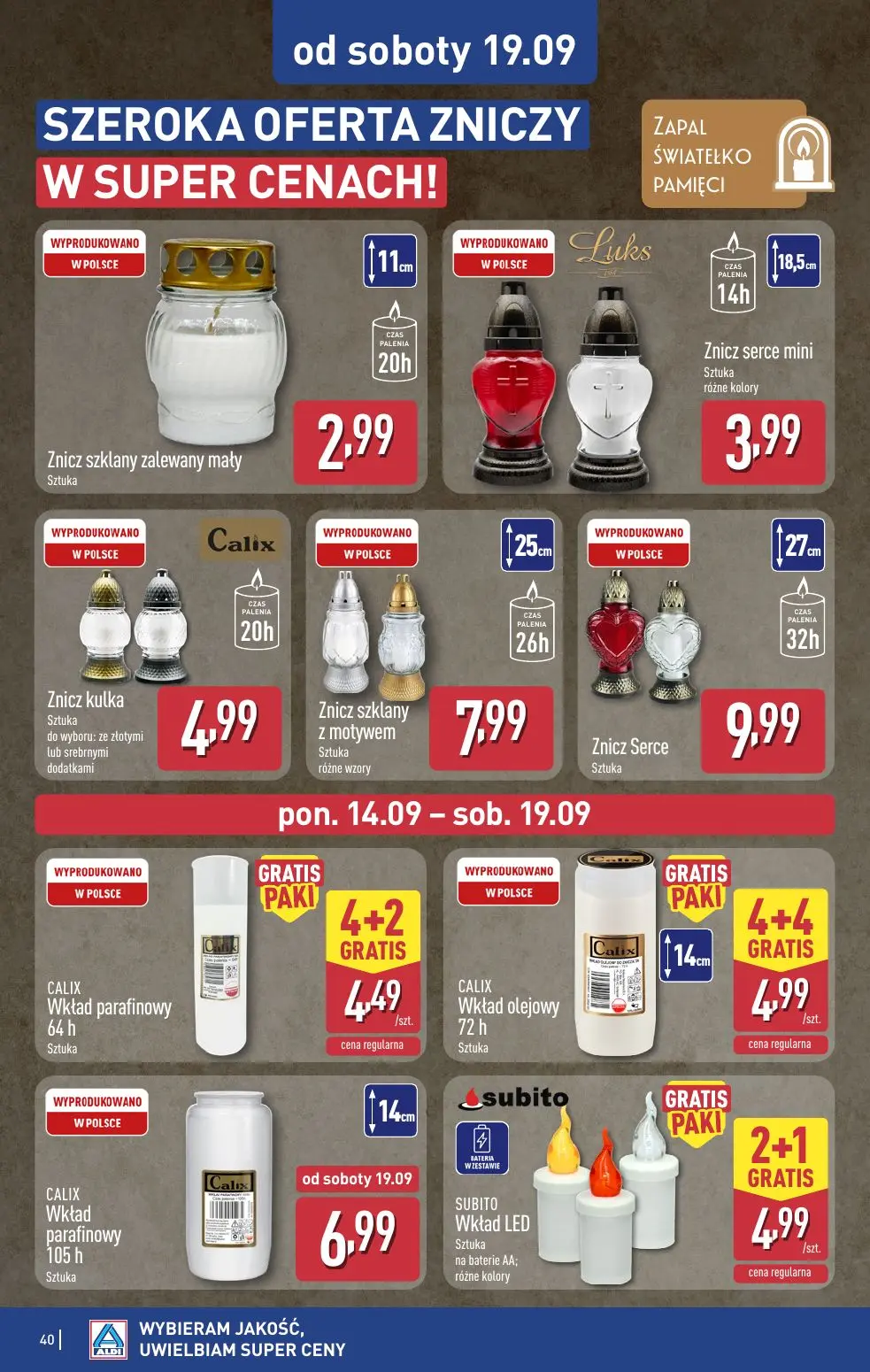 ALDI gazetka, strona 40 z 49 — Znicz szklany zalewany mały, Znicz serce mini, Znicz kulka