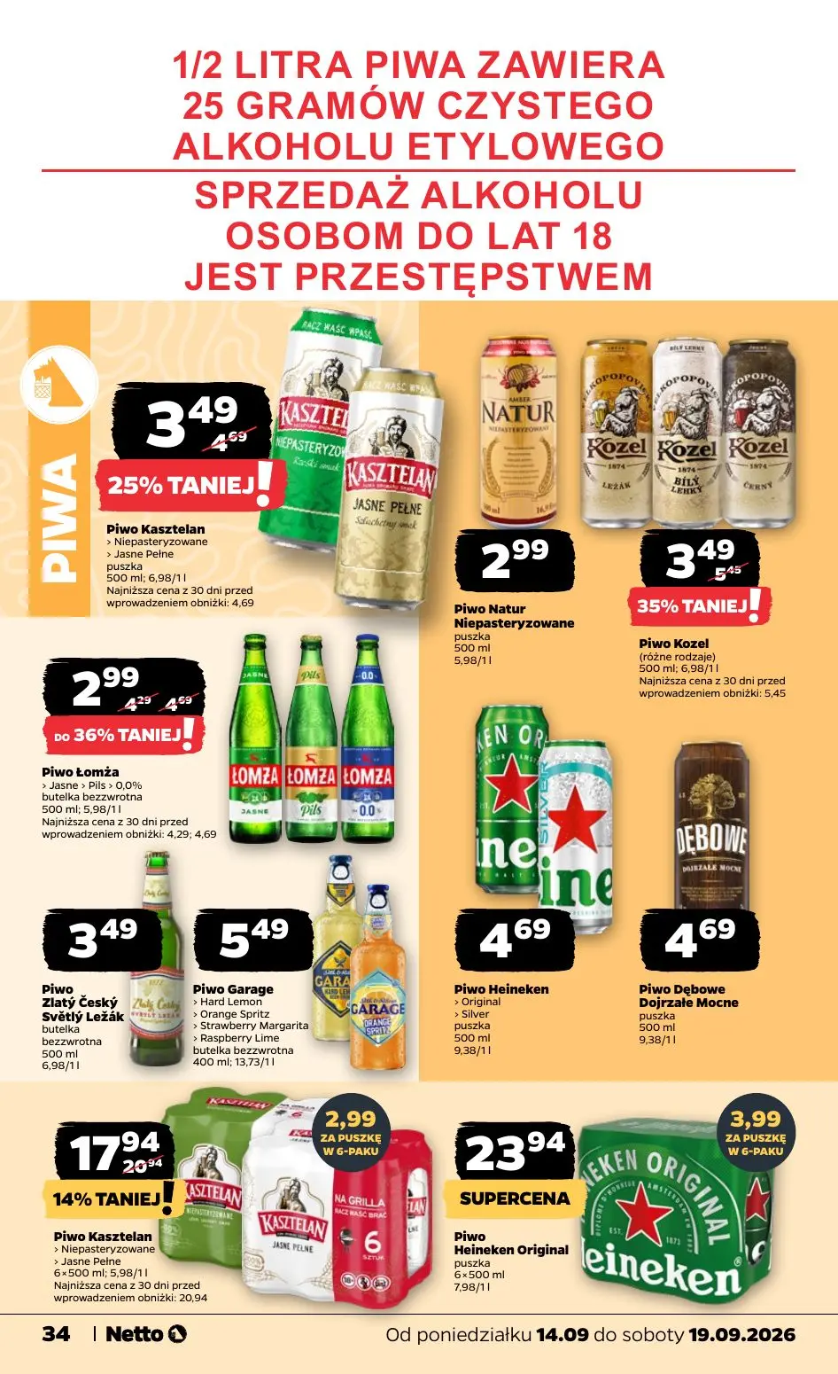 NETTO gazetka, strona 34 z 39 — Piwo Kasztelan, Piwo Kozel, Piwo Łomża