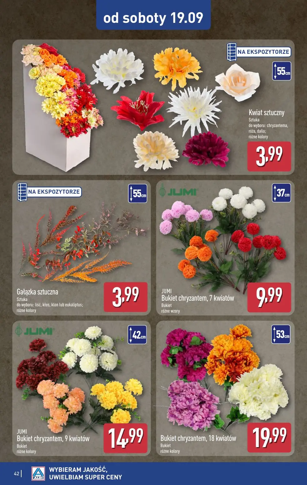 ALDI gazetka, strona 42 z 49 — Kwiat sztuczny, Gałązka sztuczna, JUMI Bukiet chryzantem, 7 kwiatów
