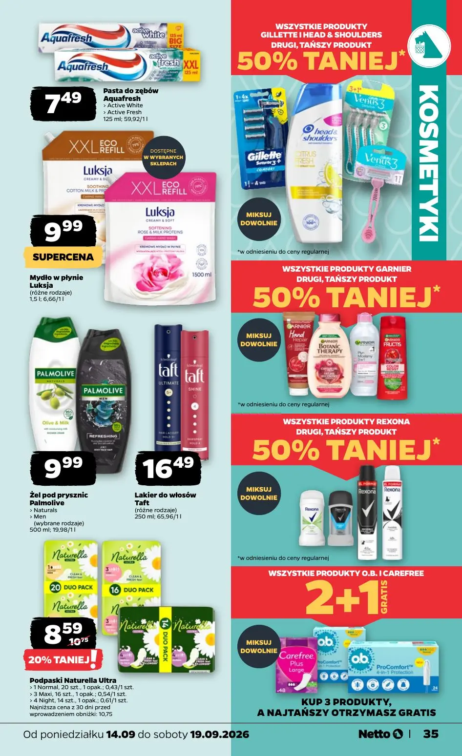 NETTO gazetka, strona 35 z 39 — Podpaski Naturella Ultra, Pasta do zębów Aquafresh, Mydło w płynie Luksja