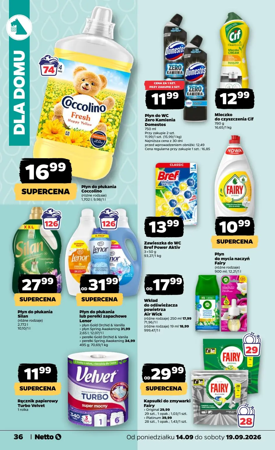 NETTO gazetka, strona 36 z 39 — Płyn do WC Zero Kamienia Domestos, Płyn do płukania Coccolino, Mleczko do czyszczenia Cif