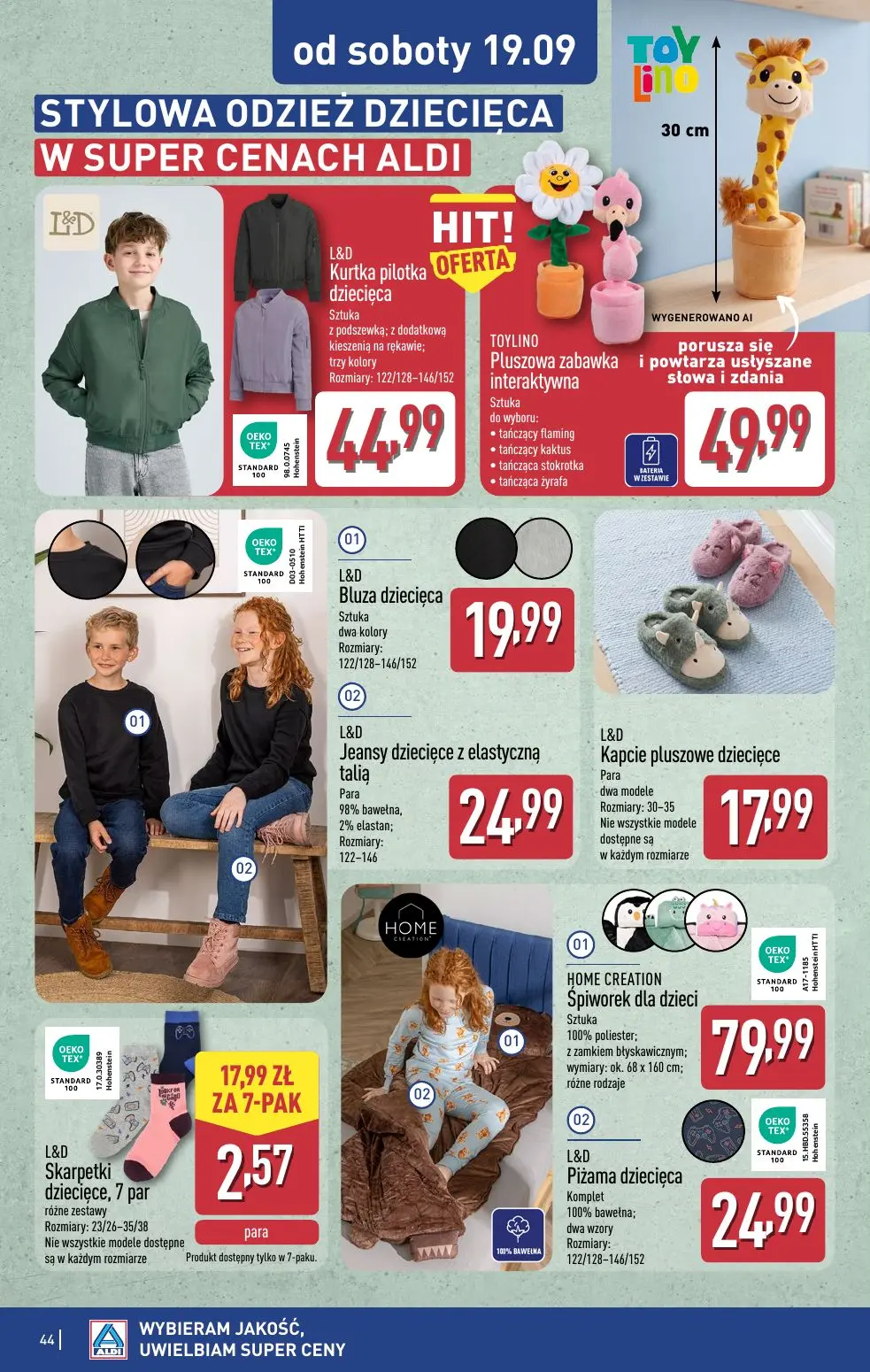 ALDI gazetka, strona 44 z 49 — L&D Kurtka pilotka dziecięca, TOYLINO Pluszowa zabawka interaktywna, L&D Bluza dziecięca