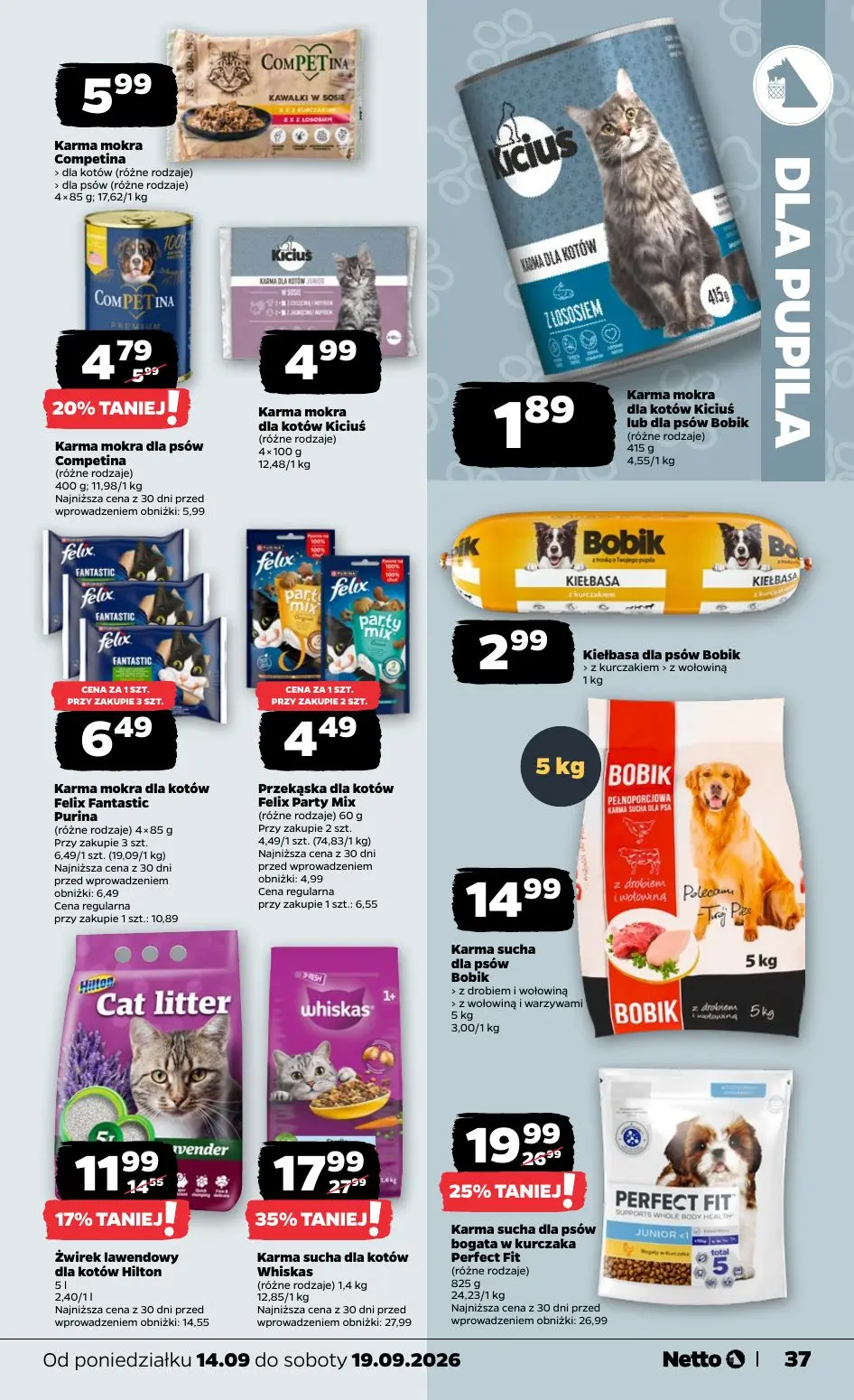 NETTO gazetka, strona 37 z 39 — Karma sucha dla kotów Whiskas (różne rodzaje), Karma sucha dla psów bogata w kurczaka Perfec…