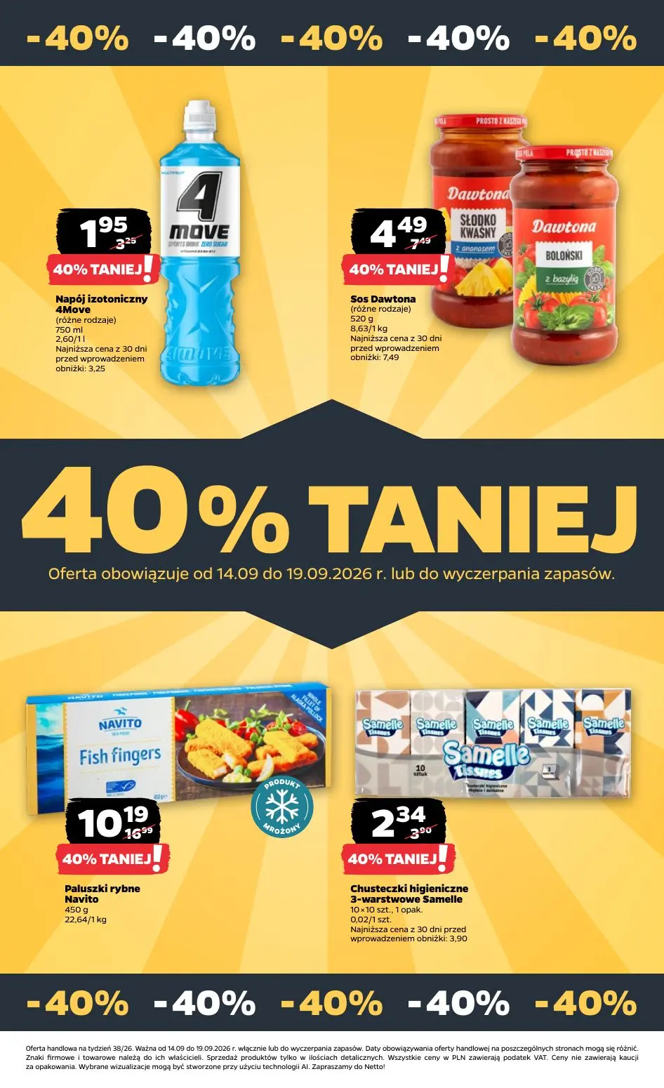 NETTO gazetka, strona 38 z 39 — Paluszki rybne Navito, Sos Dawtona, Chusteczki higieniczne 3-warstwowe Samelle