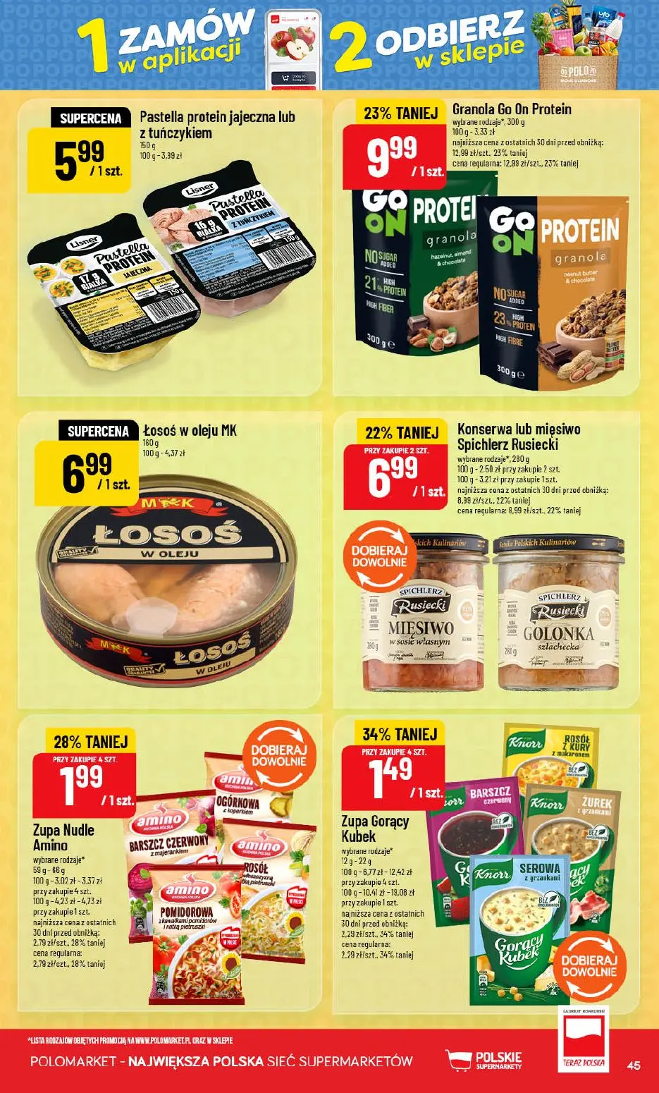 POLOmarket gazetka, strona 45 z 72 — Granola Go On Protein, Konserwa lub mięsiwo Spichlerz Rusiecki, Zupa Nudle Amino