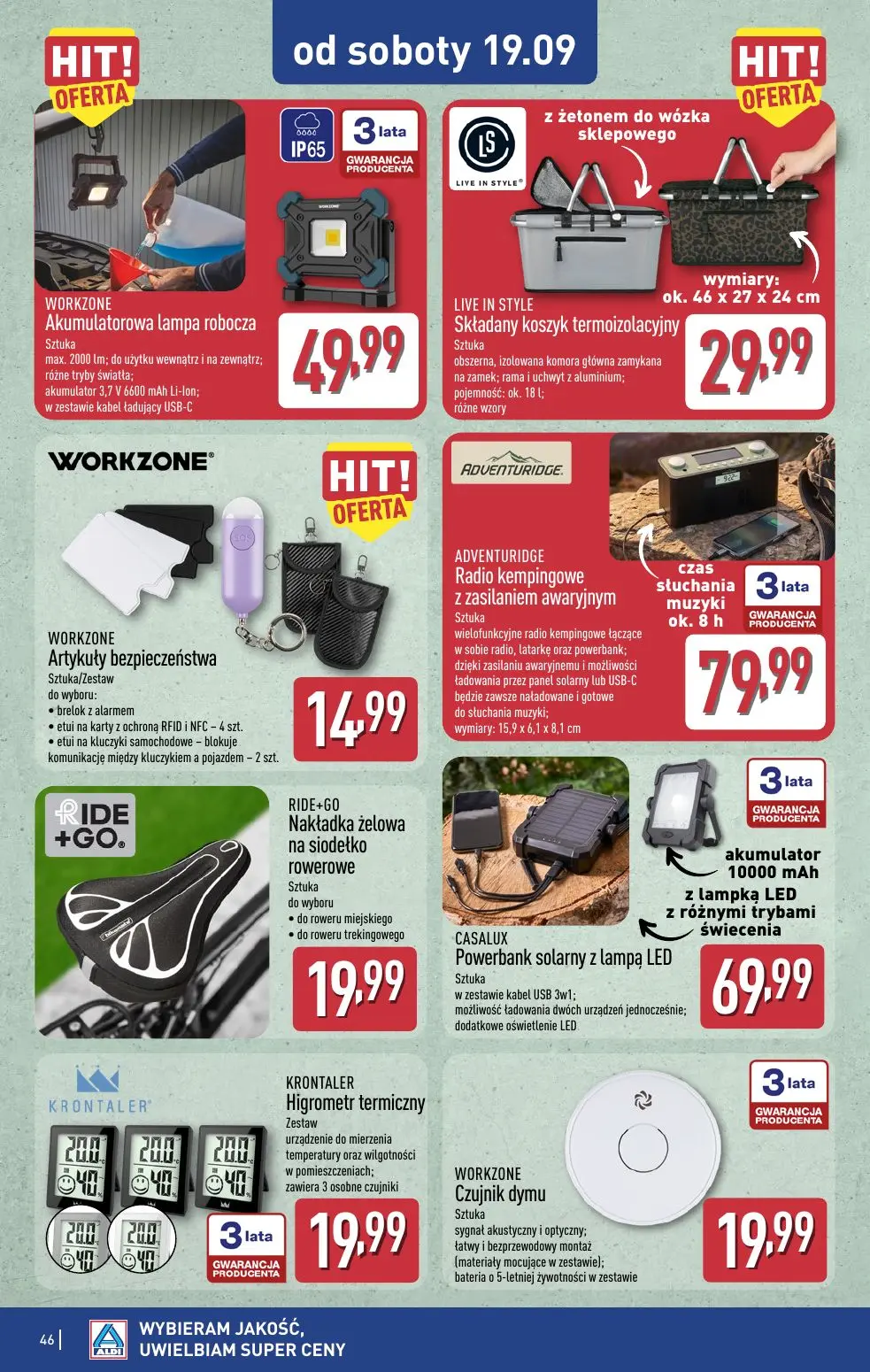 ALDI gazetka, strona 46 z 49 — Akumulatorowa lampa robocza, Składany koszyk termoizolacyjny, Artykuły bezpieczeństwa