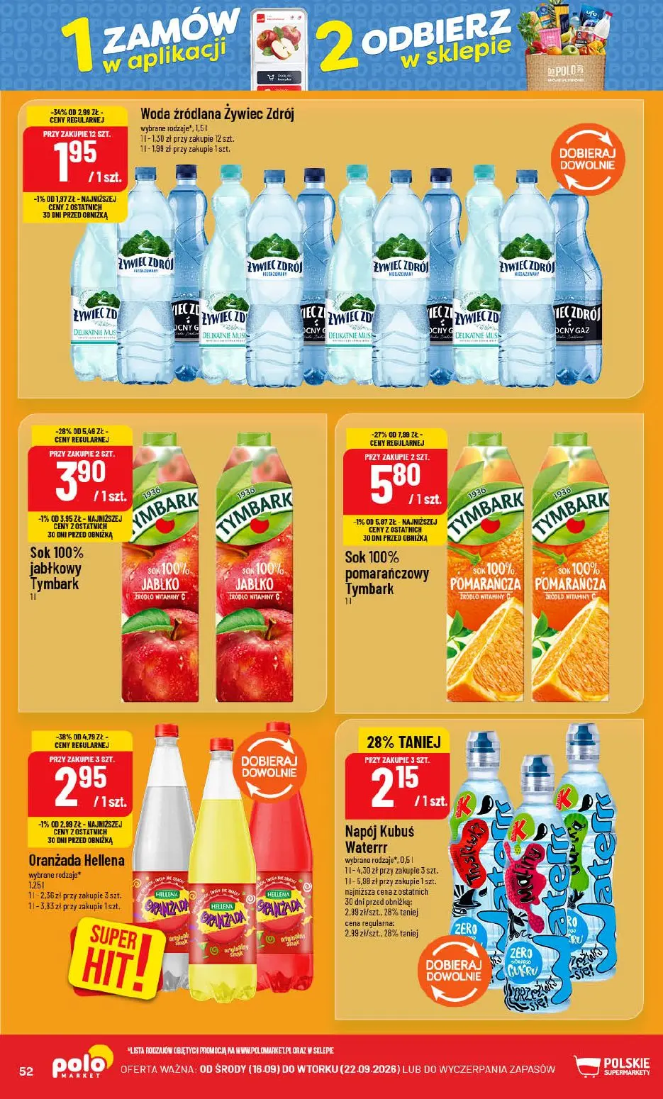 POLOmarket gazetka, strona 52 z 72 — Sok 100% pomarańczowy Tymbark, Oranżada Hellena wybrane rodzaje, Sok 100% jabłkowy Tymb…
