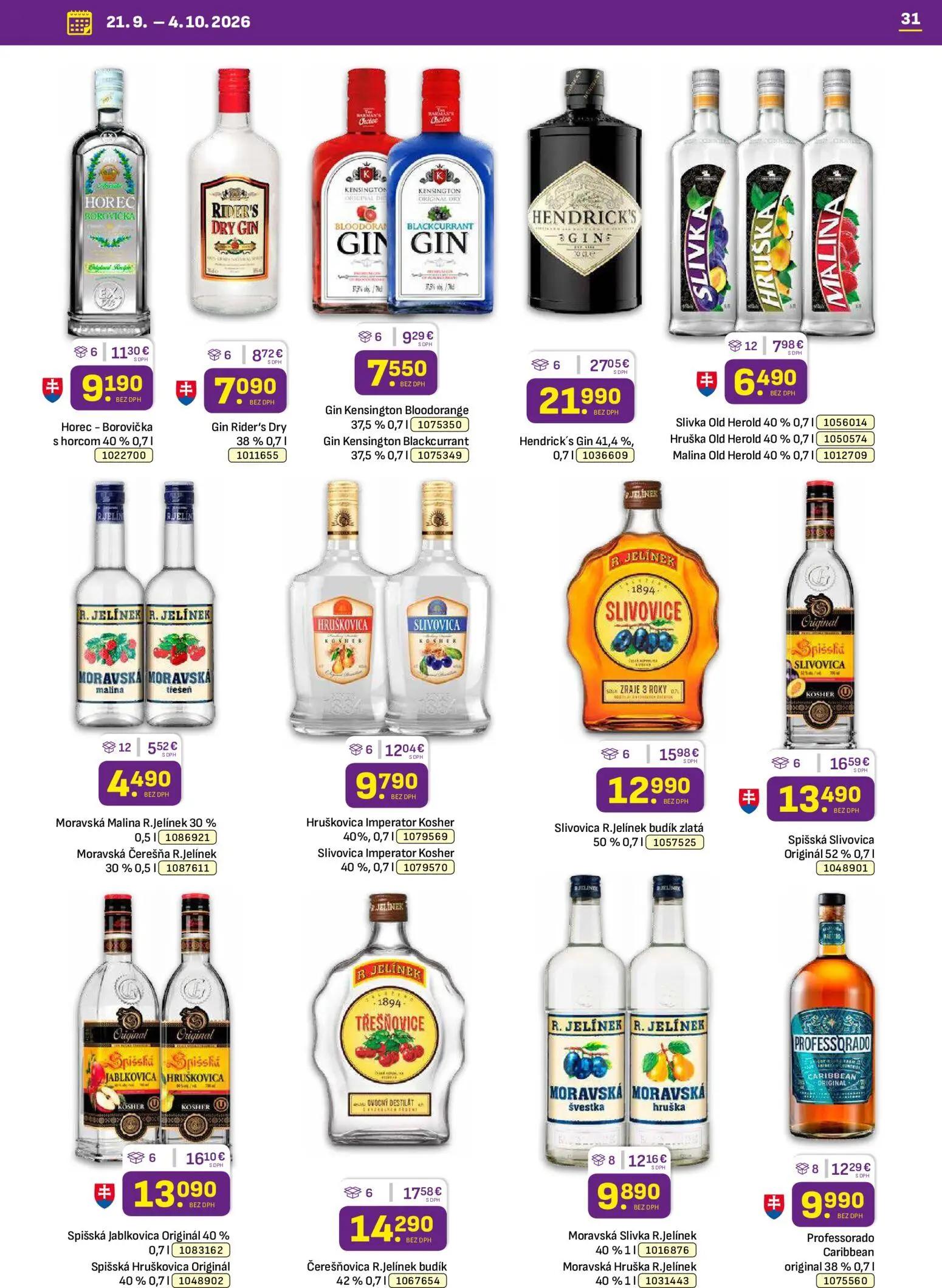 Libex leták, strana 31 z 36 — Hendrick's Gin, Čerešňovica R.Jelínek budík, Spišská Slivovica Originál