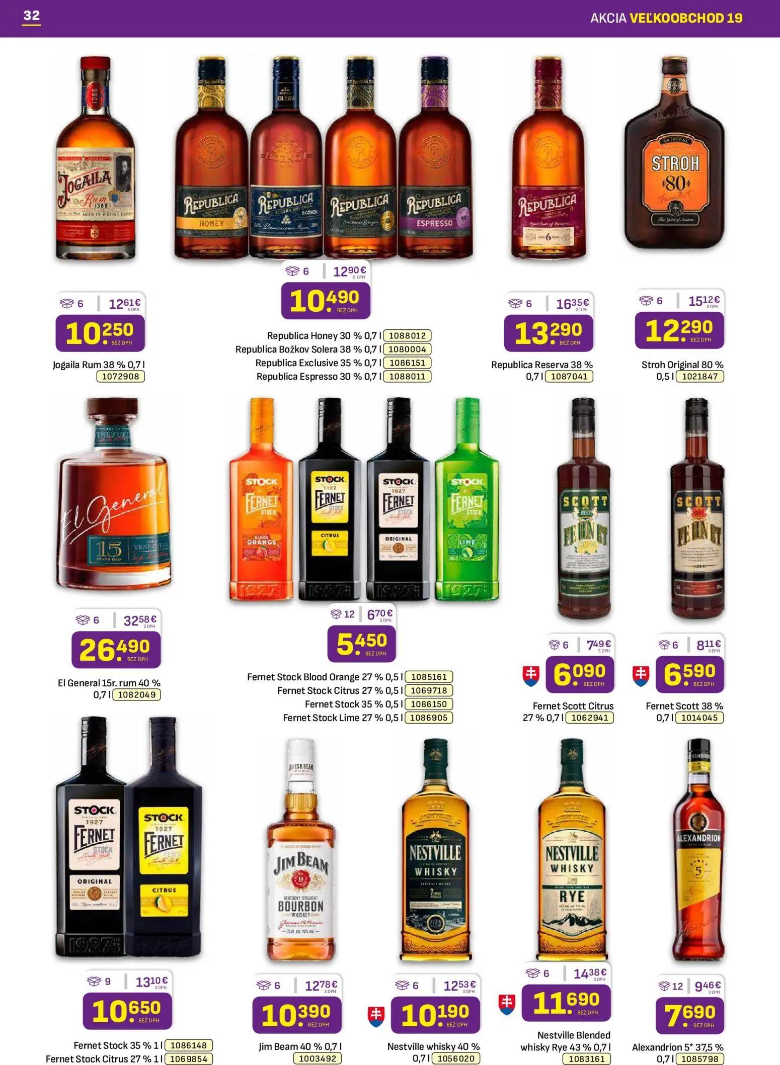 Libex leták, strana 32 z 36 — Jogaila Rum 38%, Republica Honey 30%, Republica Božkov Solera 38%